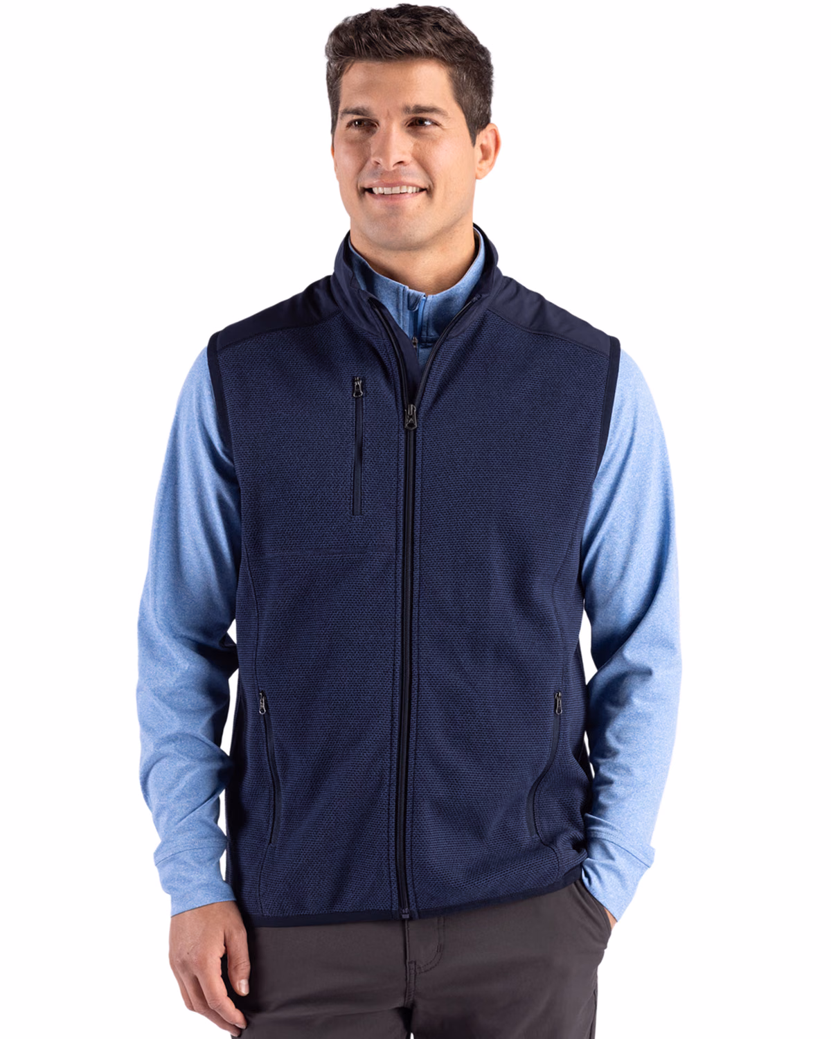 Custom Cutter & Buck Hunts Point Recycled Fleece Mens Hybrid Full Zip Vest — Navy Blue front
