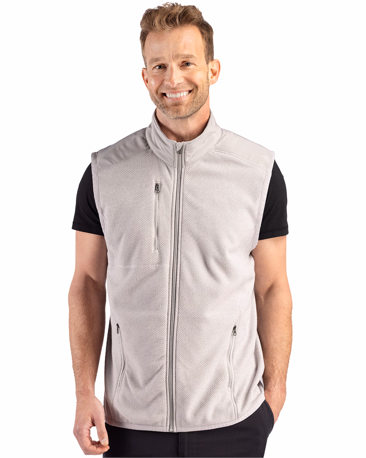 Custom Cutter & Buck Hunts Point Recycled Fleece Mens Hybrid Full Zip Vest — Polished front