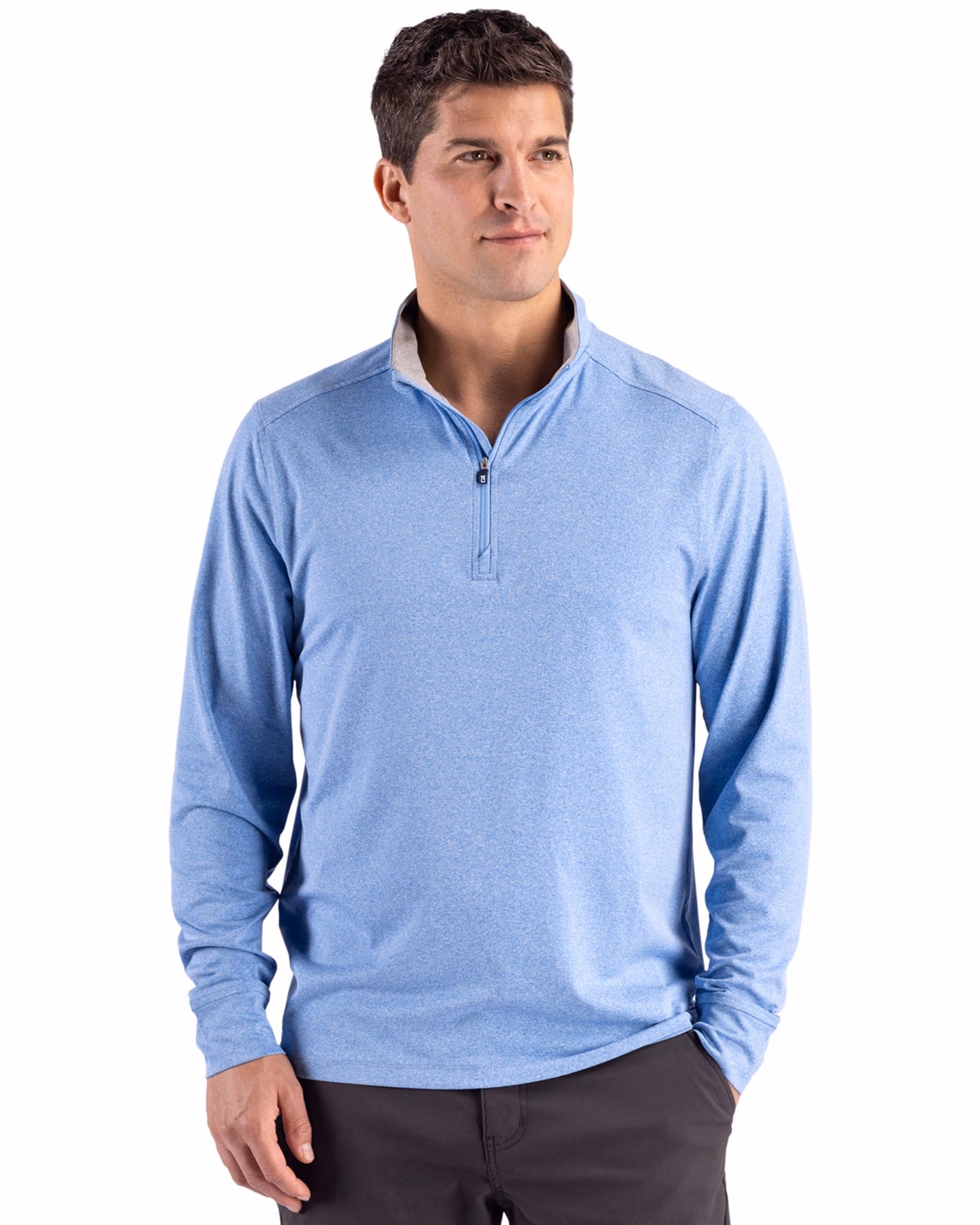 Custom Cutter & Buck Forge Recycled Four-Way Stretch Mens Quarter Zip Pullover — Dark Atlas Heather front