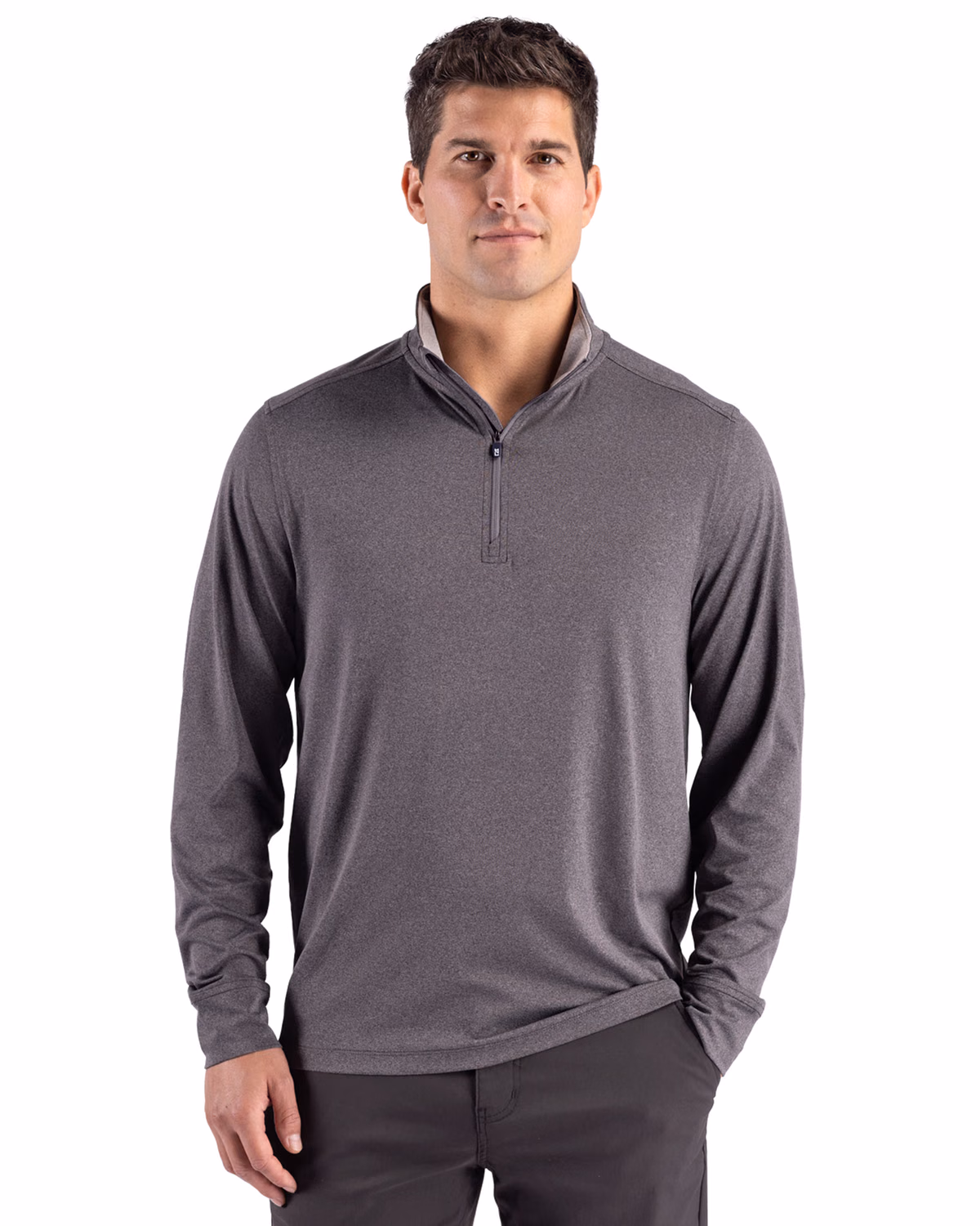 Custom Cutter & Buck Forge Recycled Four-Way Stretch Mens Quarter Zip Pullover — Dark Black Heather front