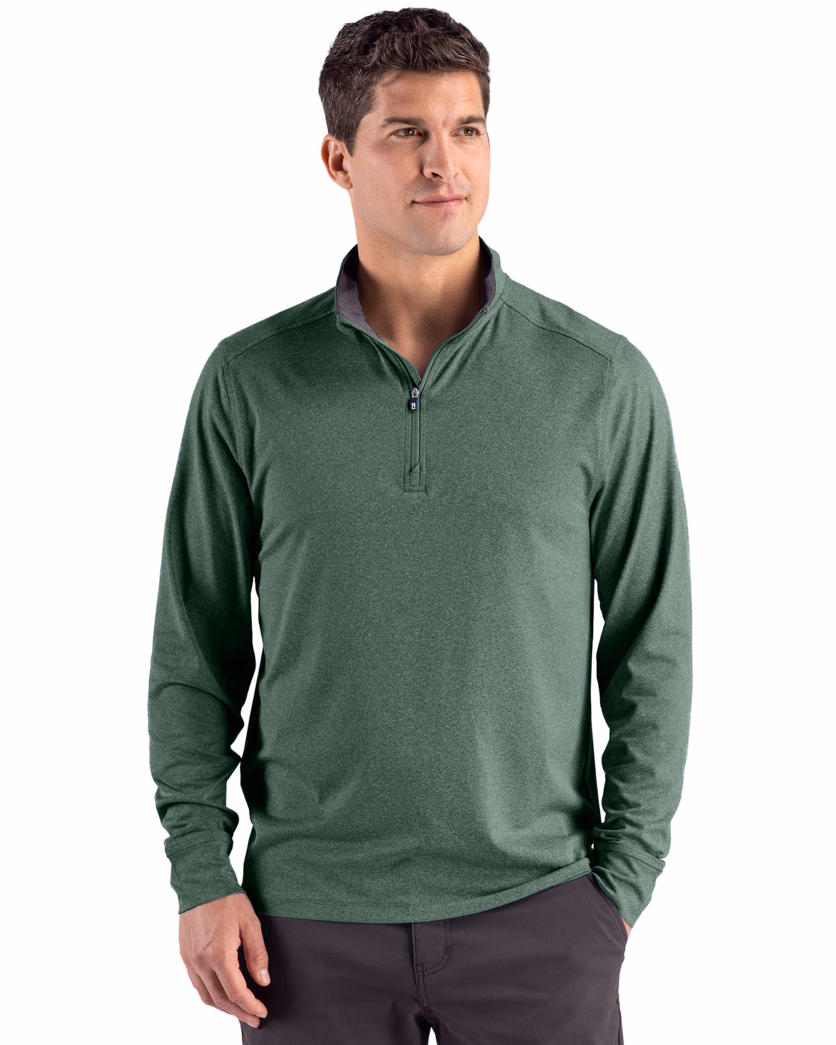 Custom Cutter & Buck Forge Recycled Four-Way Stretch Mens Quarter Zip Pullover — Dark Hunter Heather front