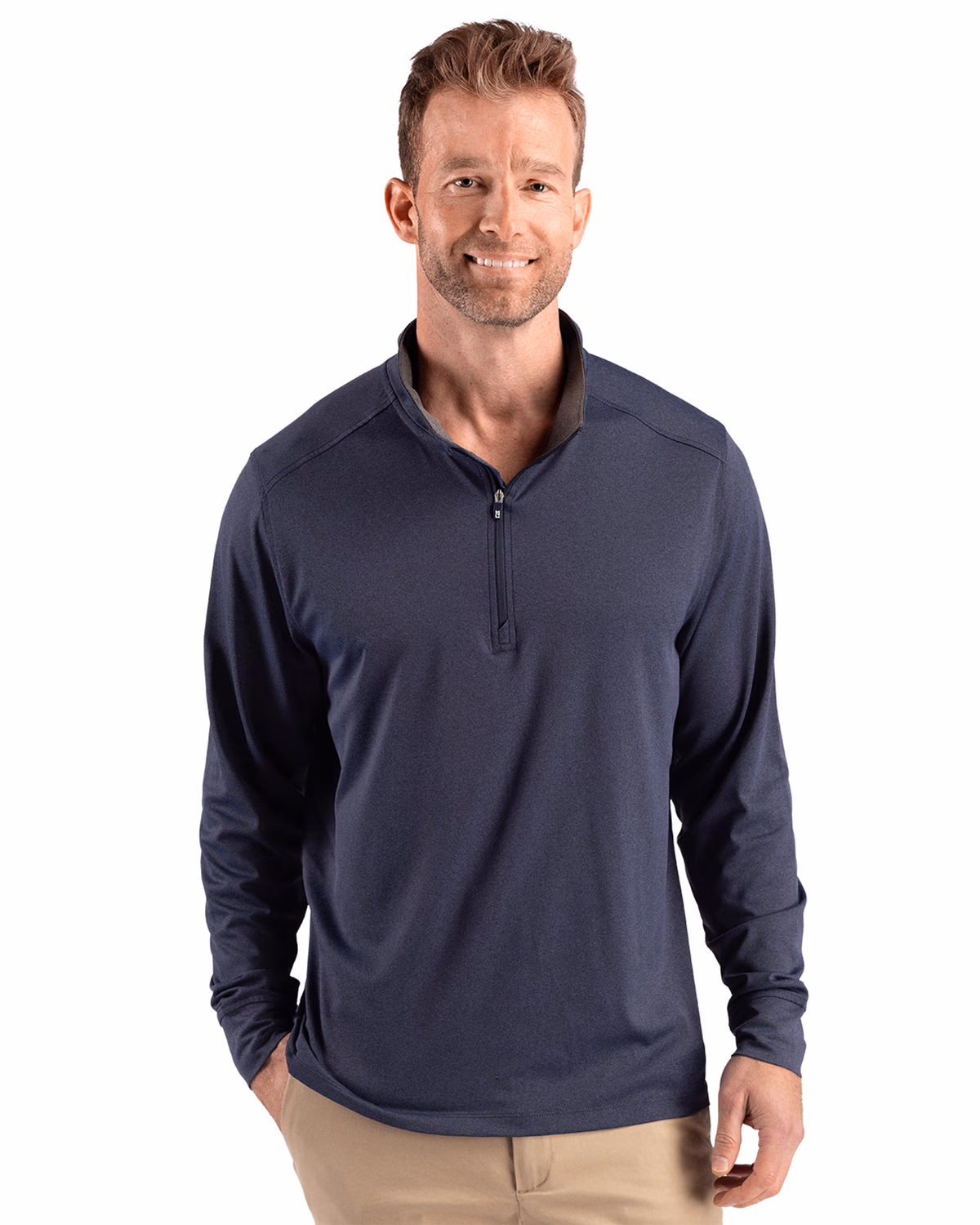 Custom Cutter & Buck Forge Recycled Four-Way Stretch Mens Quarter Zip Pullover — Dark Navy Blue Heather front