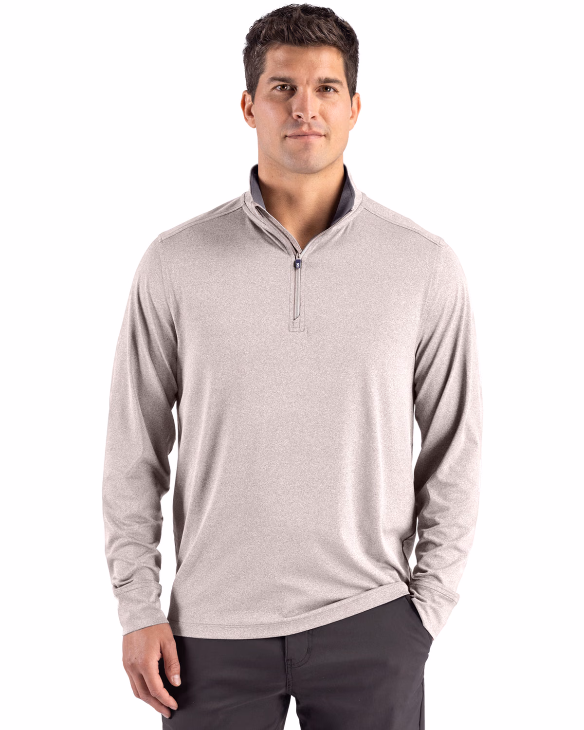 Custom Cutter & Buck Forge Recycled Four-Way Stretch Mens Quarter Zip Pullover — Polished Heather front