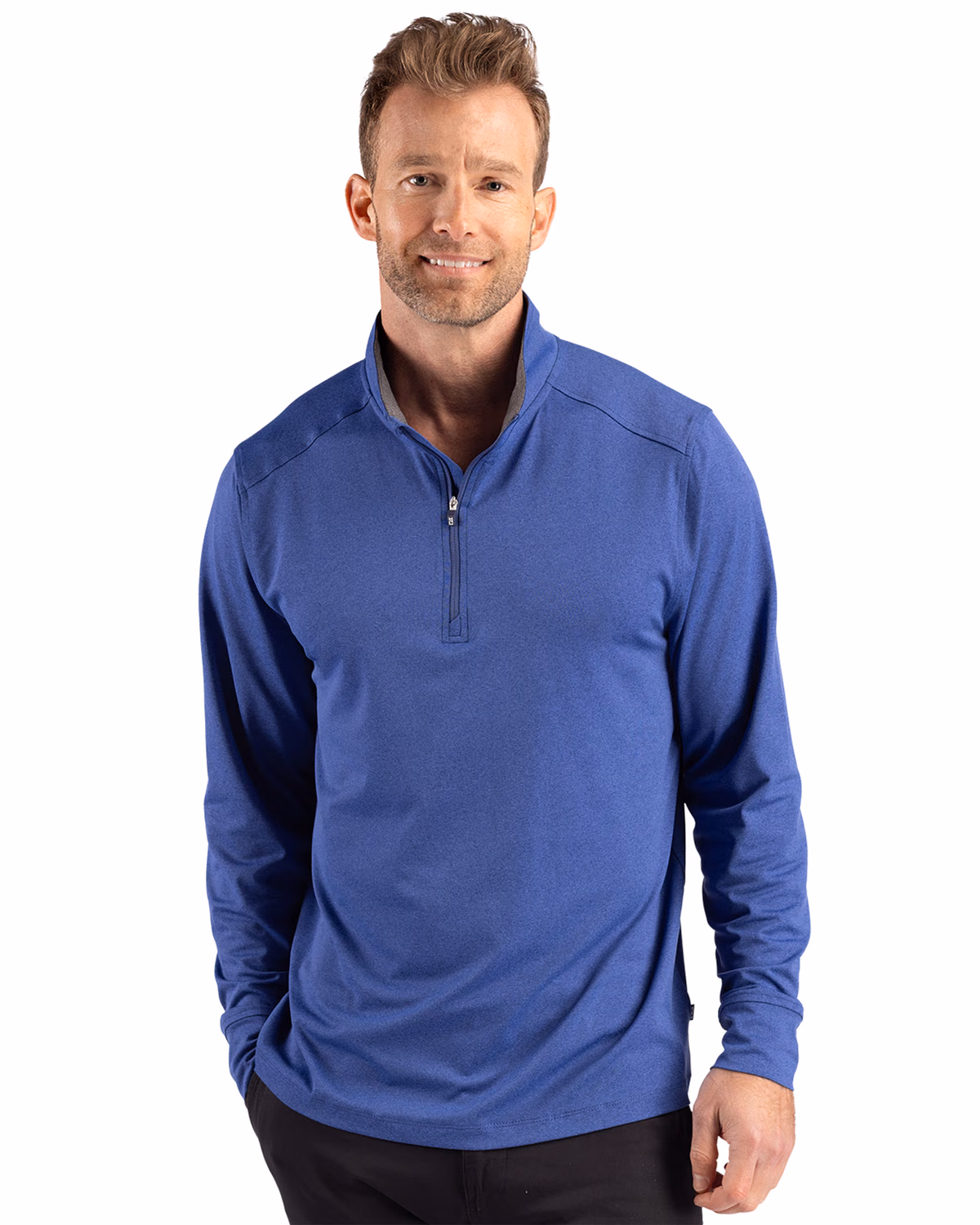 Custom Cutter & Buck Forge Recycled Four-Way Stretch Mens Quarter Zip Pullover — Tour Blue Heather front