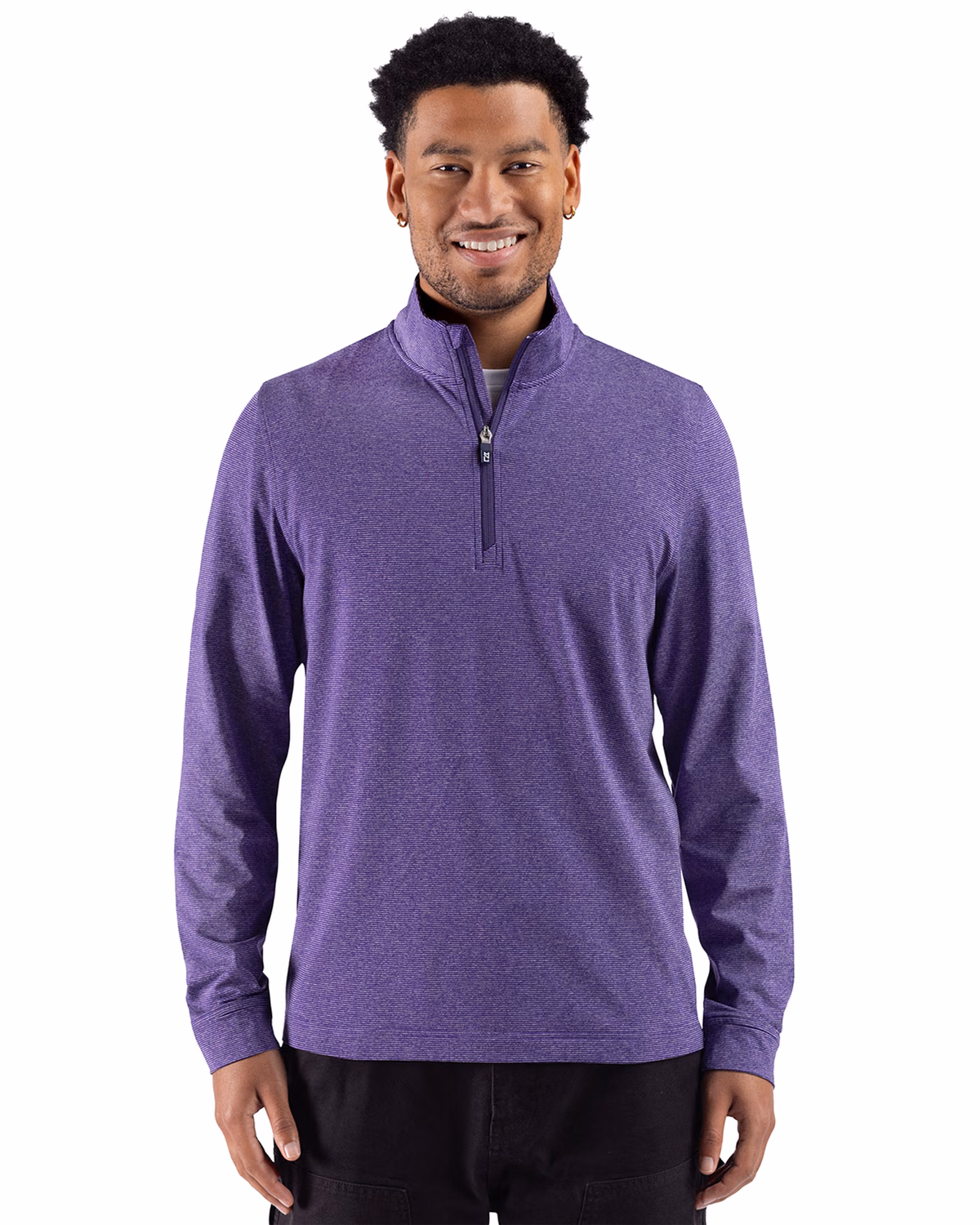 Custom Cutter & Buck Adapt Recycled Soft Knit Stripe Mens Quarter Zip Pullover — College Purple Heather front