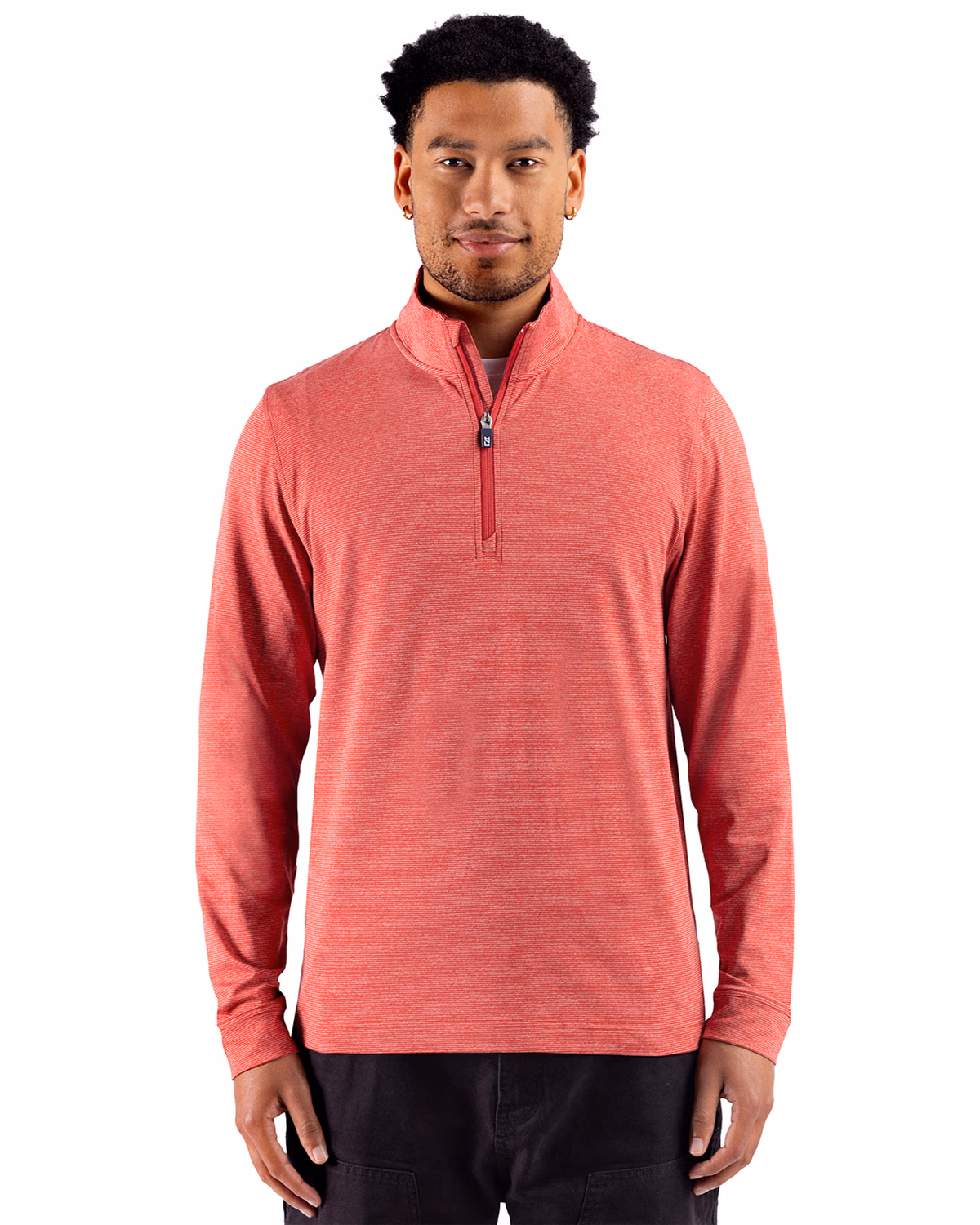 Custom Cutter & Buck Adapt Recycled Soft Knit Stripe Mens Quarter Zip Pullover — Cardinal Red Heather front