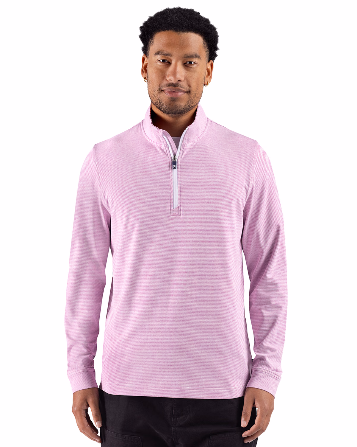 Custom Cutter & Buck Adapt Recycled Soft Knit Stripe Mens Quarter Zip Pullover — Gelato Heather/White front