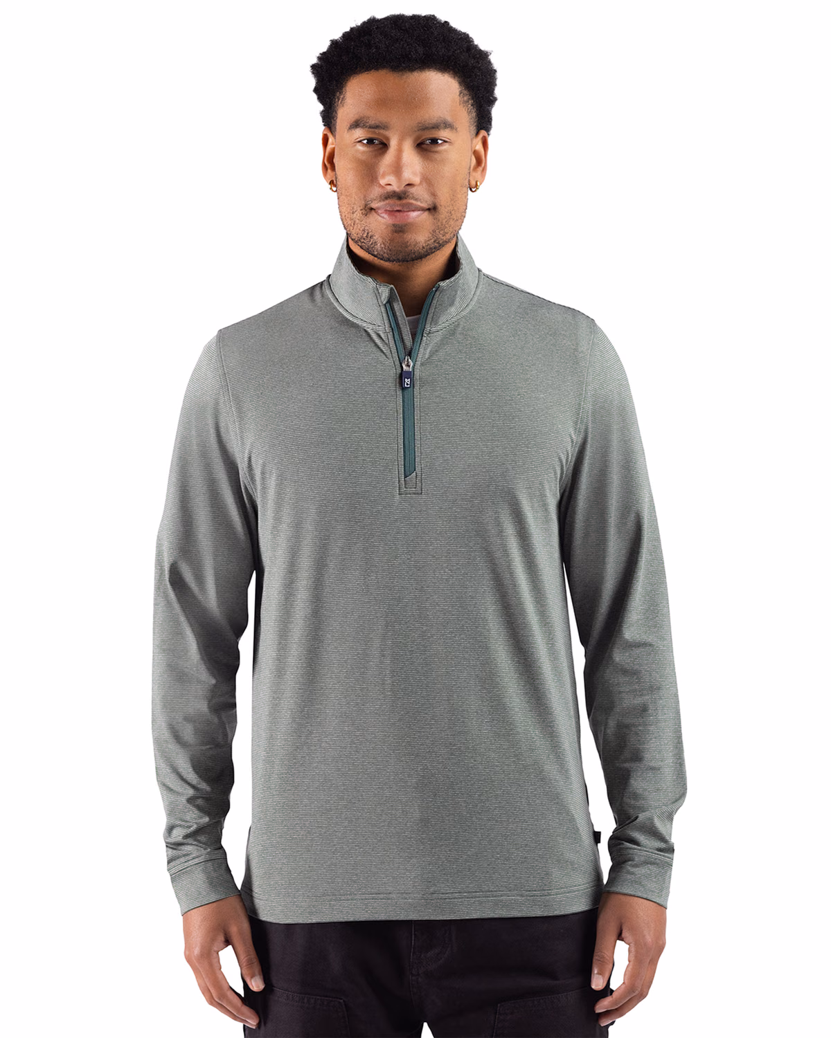 Custom Cutter & Buck Adapt Recycled Soft Knit Stripe Mens Quarter Zip Pullover — Hunter Heather front