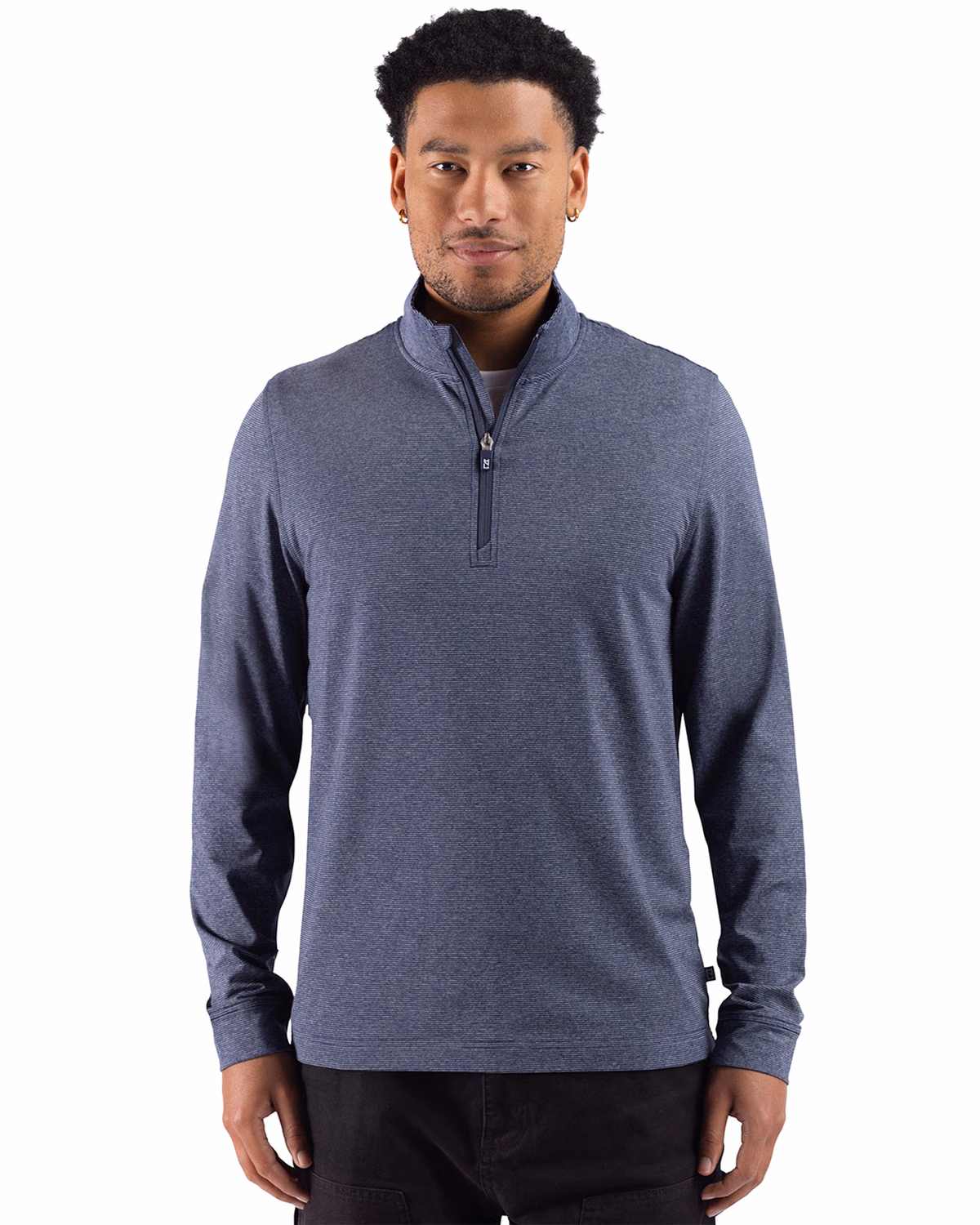 Custom Cutter & Buck Adapt Recycled Soft Knit Stripe Mens Quarter Zip Pullover — Navy Blue Heather front