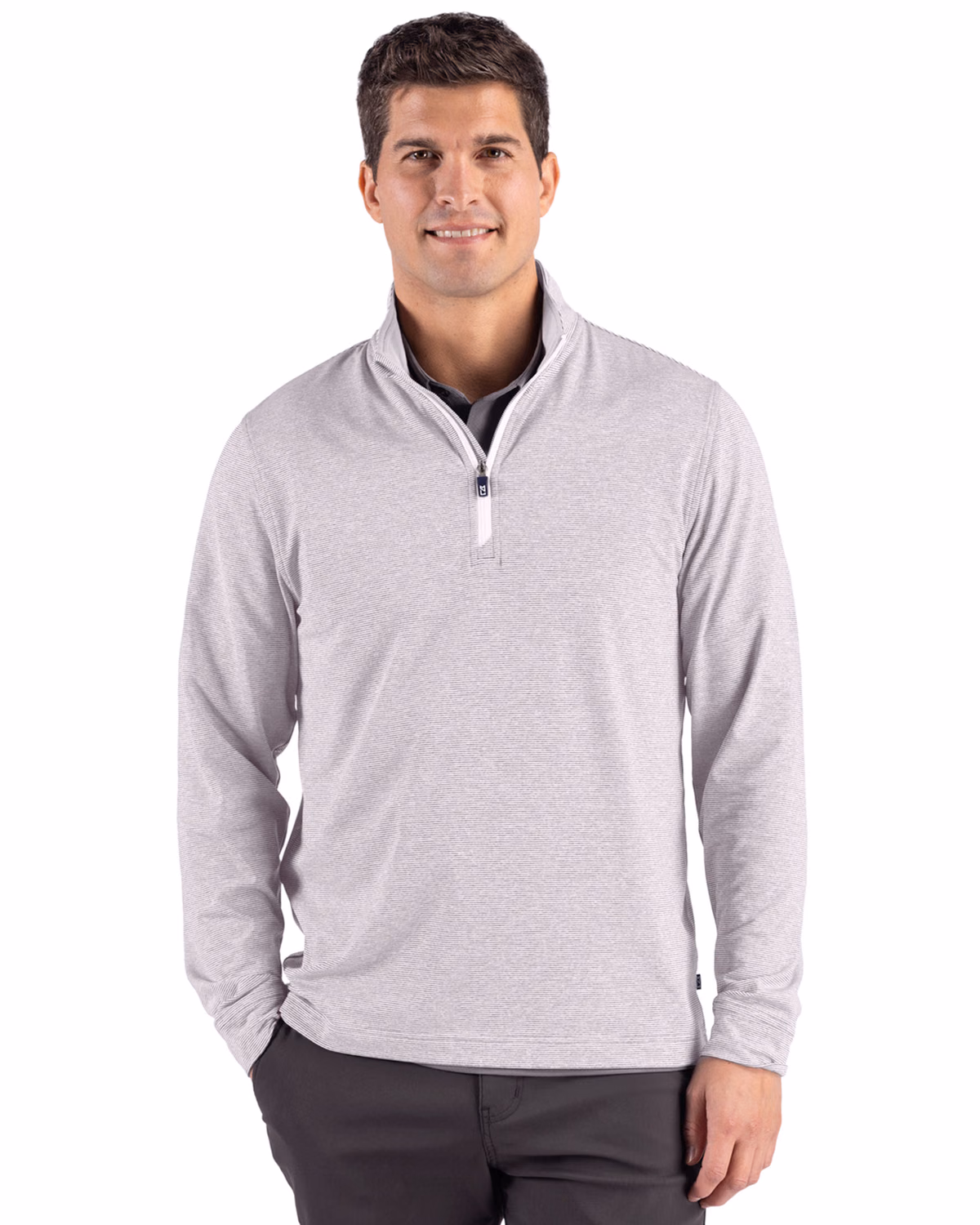 Custom Cutter & Buck Adapt Recycled Soft Knit Stripe Mens Quarter Zip Pullover — Polished Heather/White front