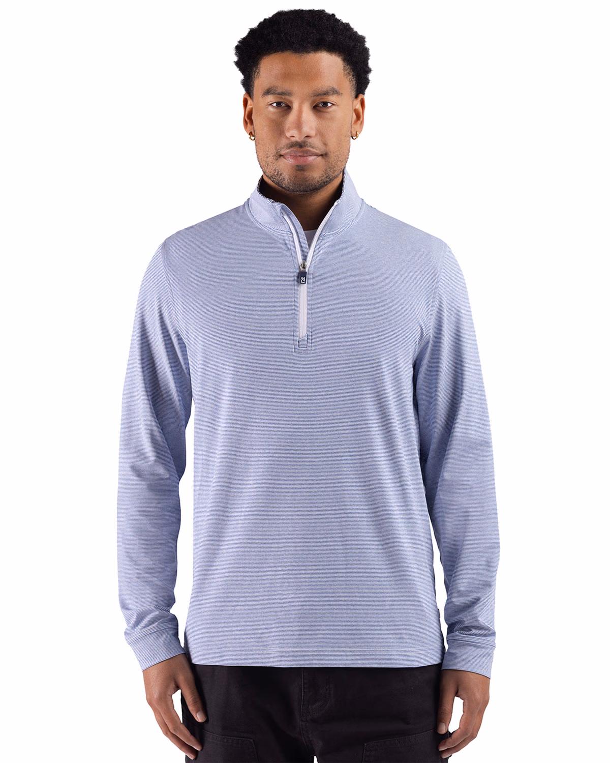Custom Cutter & Buck Adapt Recycled Soft Knit Stripe Mens Quarter Zip Pullover — Tour Blue Heather/White front