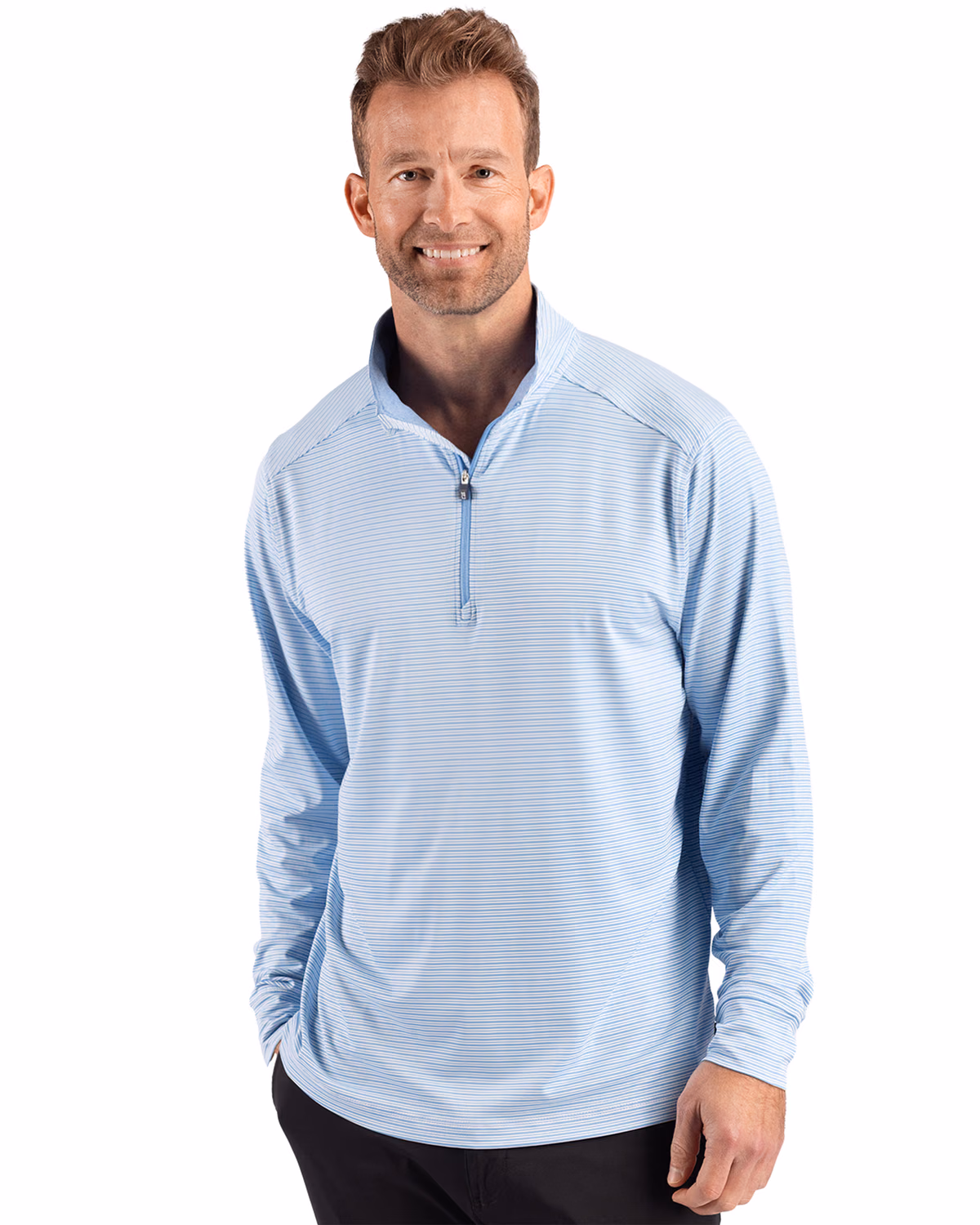 Custom Cutter & Buck Forge Recycled Double Stripe Four-Way Stretch Mens Quarter Zip Pullover