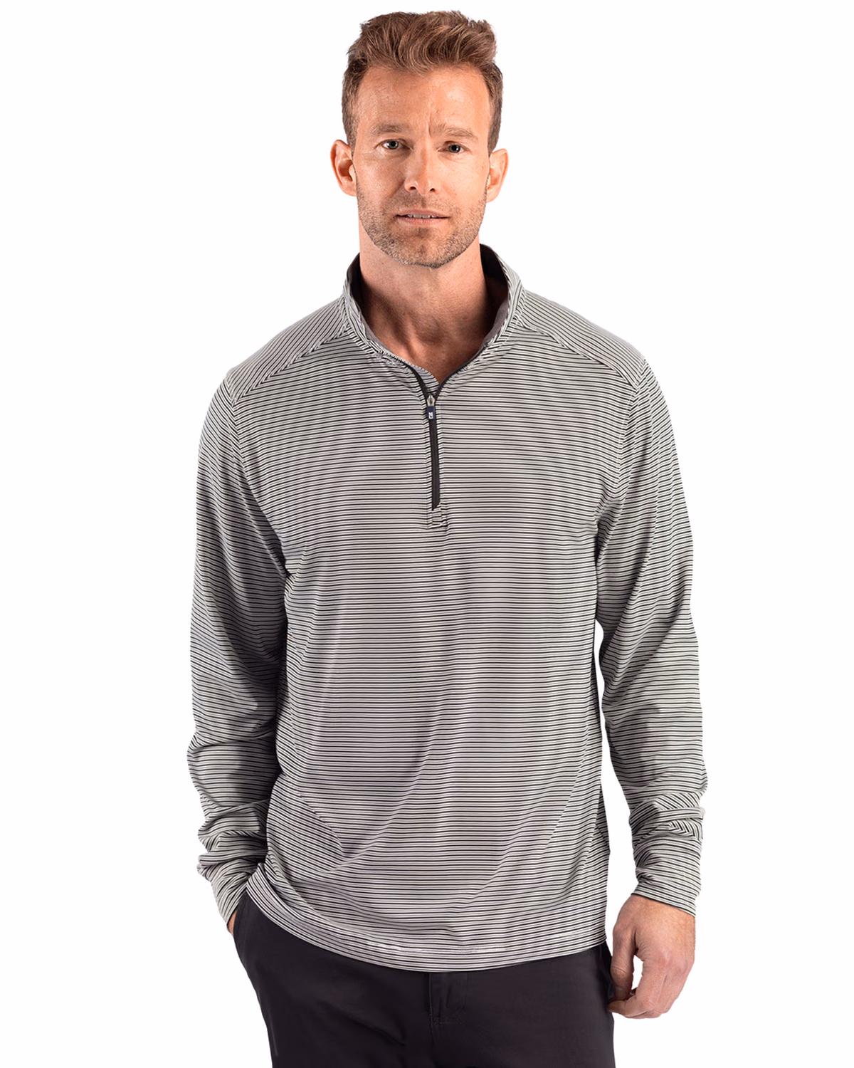 Custom Cutter & Buck Forge Recycled Double Stripe Four-Way Stretch Mens Quarter Zip Pullover — Black/White front