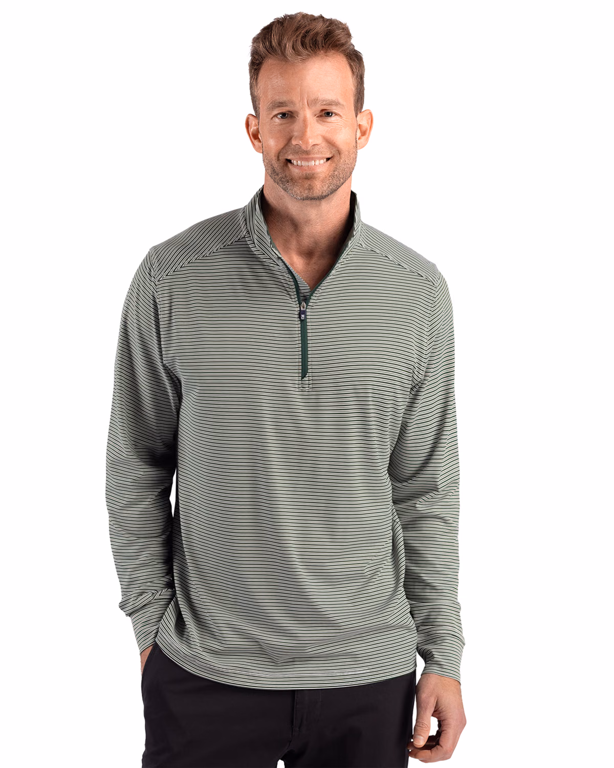 Custom Cutter & Buck Forge Recycled Double Stripe Four-Way Stretch Mens Quarter Zip Pullover — Hunter/White front