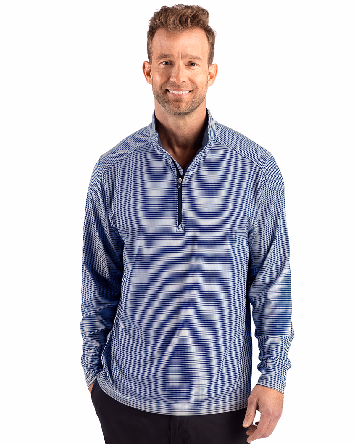 Custom Cutter & Buck Forge Recycled Double Stripe Four-Way Stretch Mens Quarter Zip Pullover — Navy Blue/White front