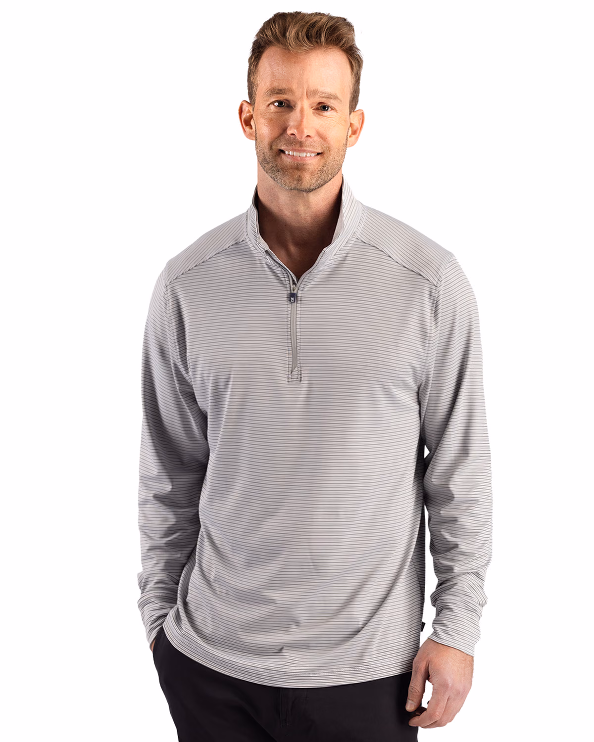 Custom Cutter & Buck Forge Recycled Double Stripe Four-Way Stretch Mens Quarter Zip Pullover — Polished/White front