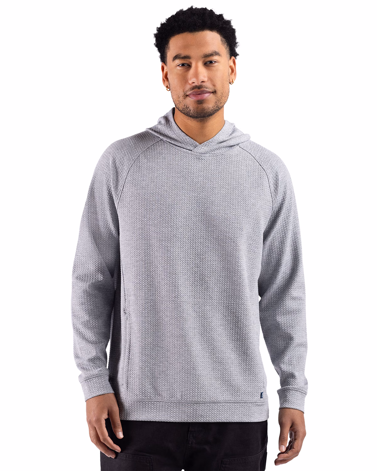 Custom Cutter & Buck Drift Epic Versatility Recycled Textured Knit Mens Hooded Pullover — CONCRETE front