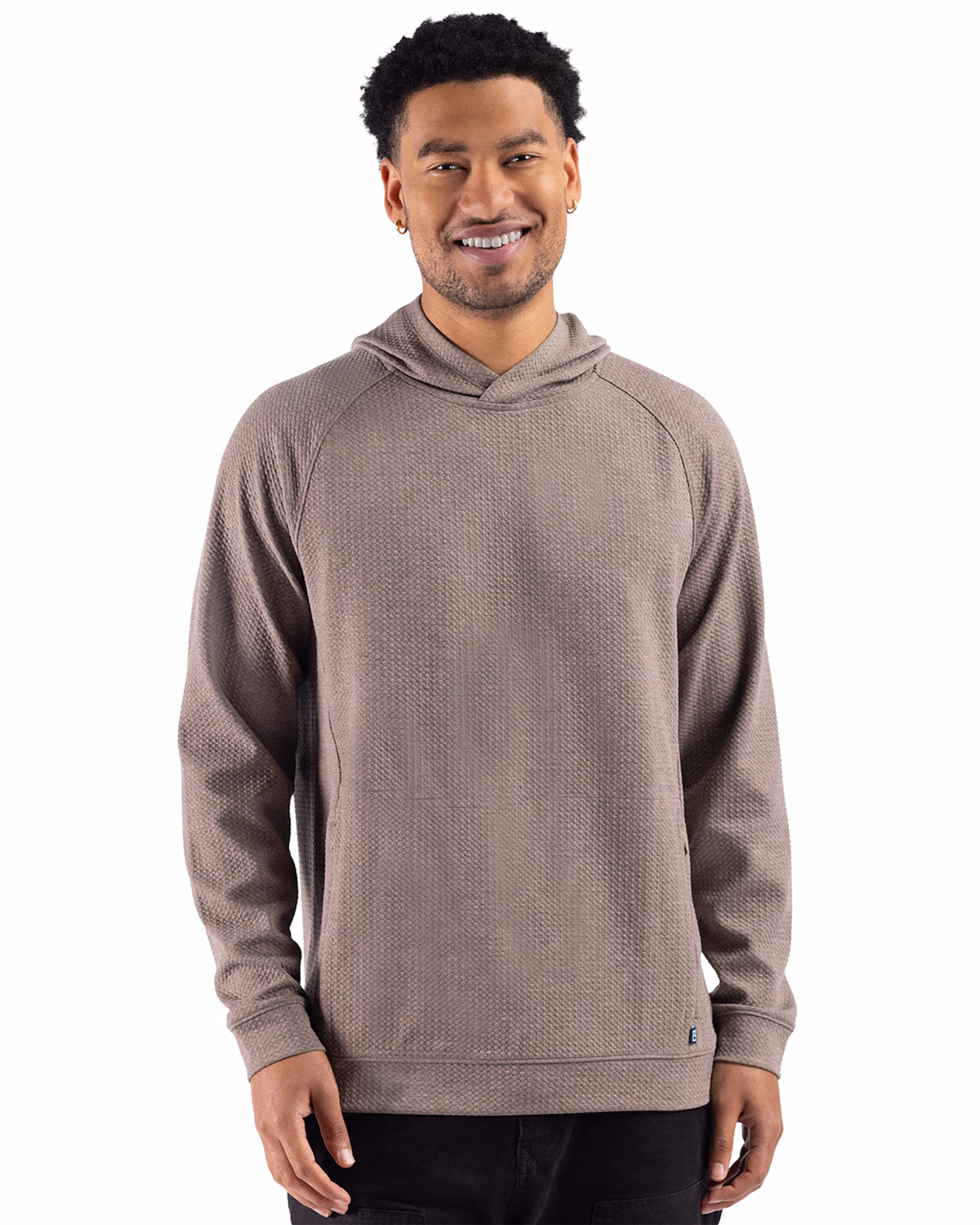 Custom Cutter & Buck Drift Epic Versatility Recycled Textured Knit Mens Hooded Pullover — Mushroom front