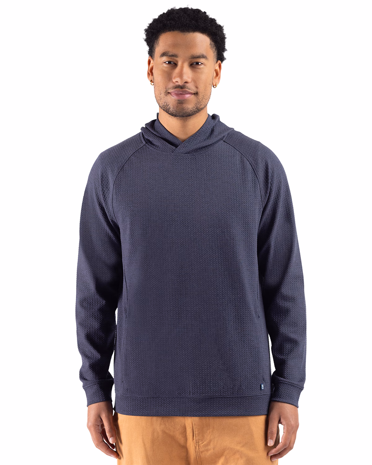 Custom Cutter & Buck Drift Epic Versatility Recycled Textured Knit Mens Hooded Pullover — Navy Blue front
