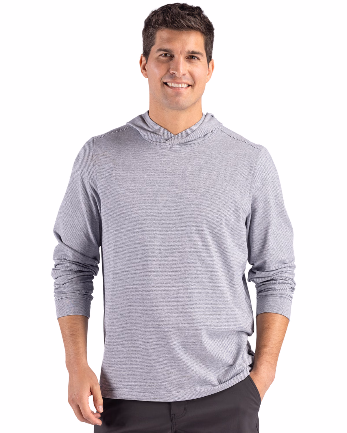 Custom Cutter & Buck Adapt Recycled Soft Knit Stripe Mens Hooded Pullover — Black Heather/White front