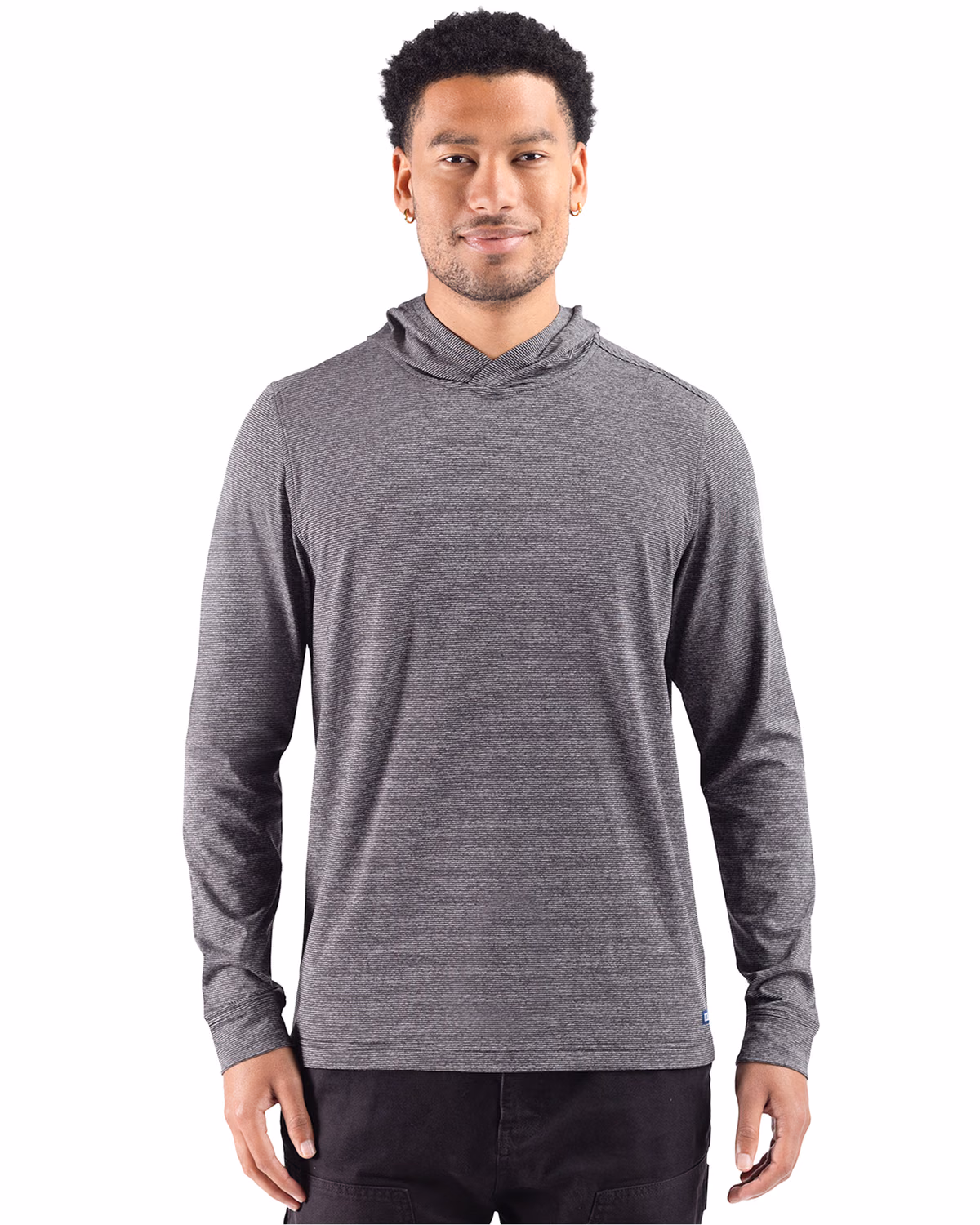 Custom Cutter & Buck Adapt Recycled Soft Knit Stripe Mens Hooded Pullover — Black Heather front
