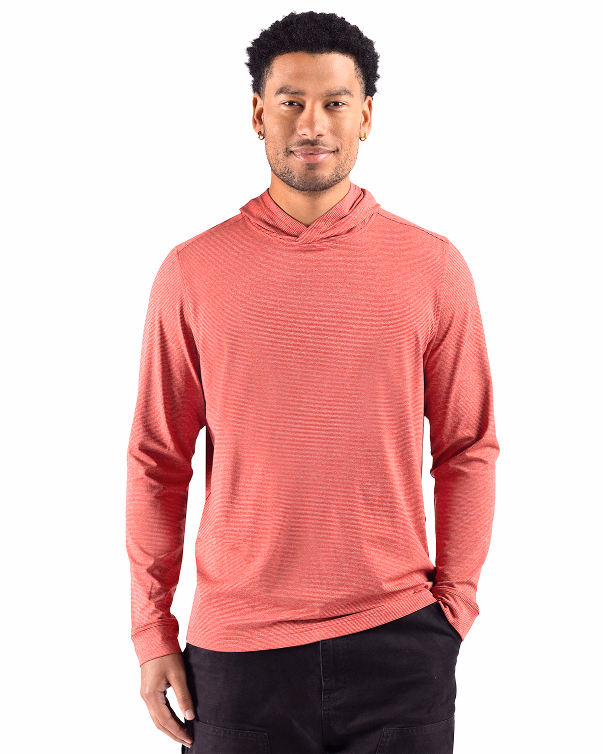 Custom Cutter & Buck Adapt Recycled Soft Knit Stripe Mens Hooded Pullover — Cardinal Red Heather front