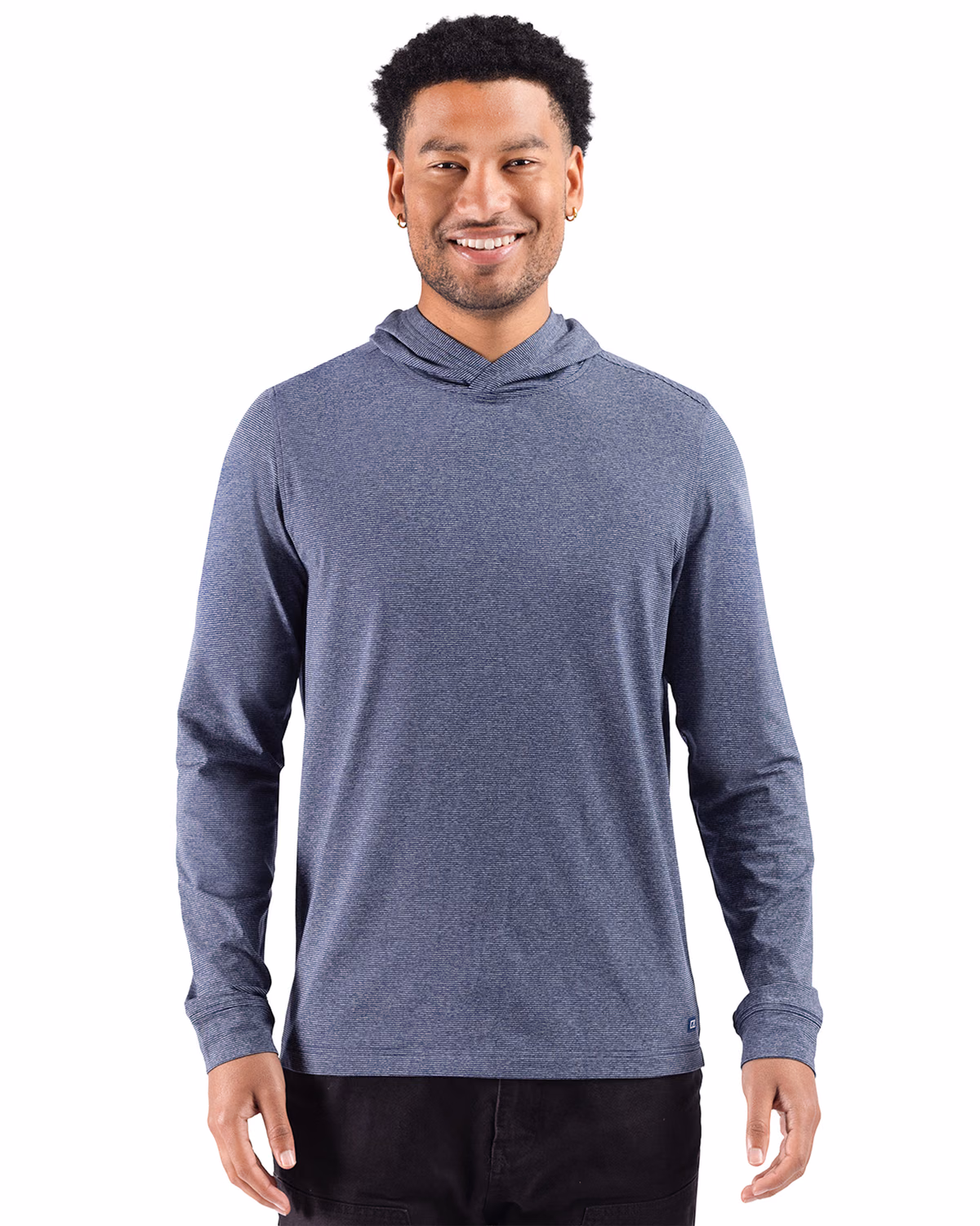 Custom Cutter & Buck Adapt Recycled Soft Knit Stripe Mens Hooded Pullover — Navy Blue Heather front