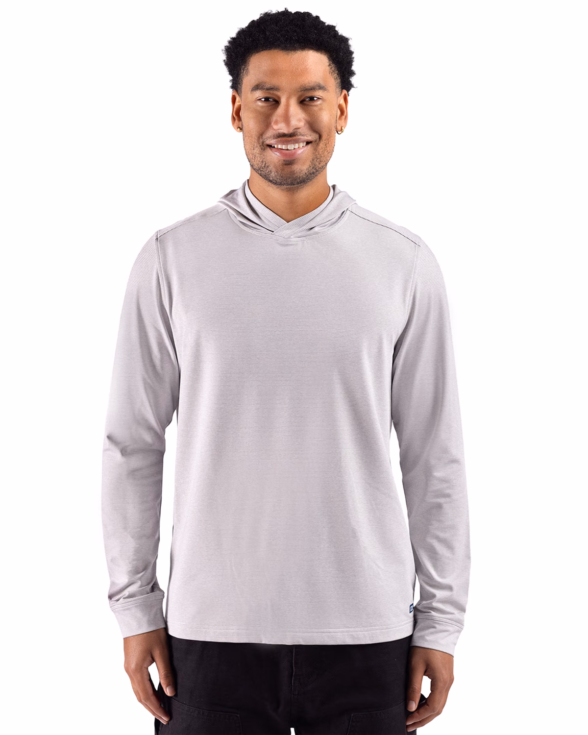 Custom Cutter & Buck Adapt Recycled Soft Knit Stripe Mens Hooded Pullover — Polished Heather/White front
