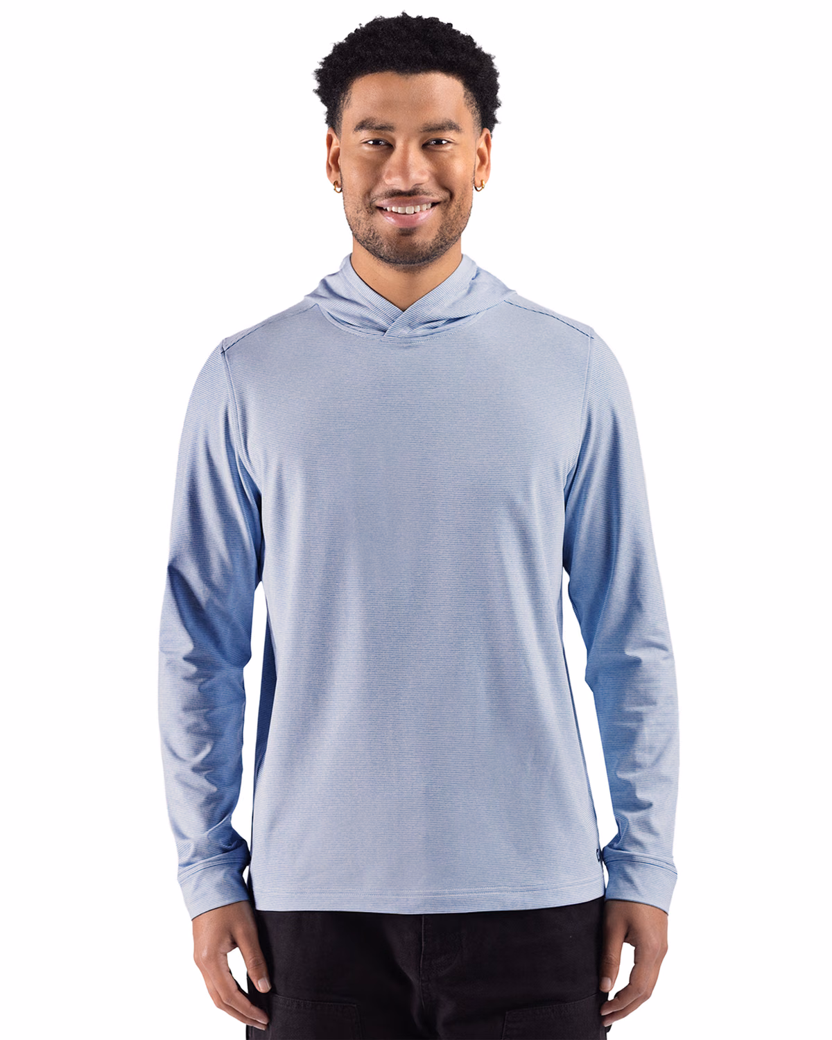 Custom Cutter & Buck Adapt Recycled Soft Knit Stripe Mens Hooded Pullover — Tour Blue Heather/White front