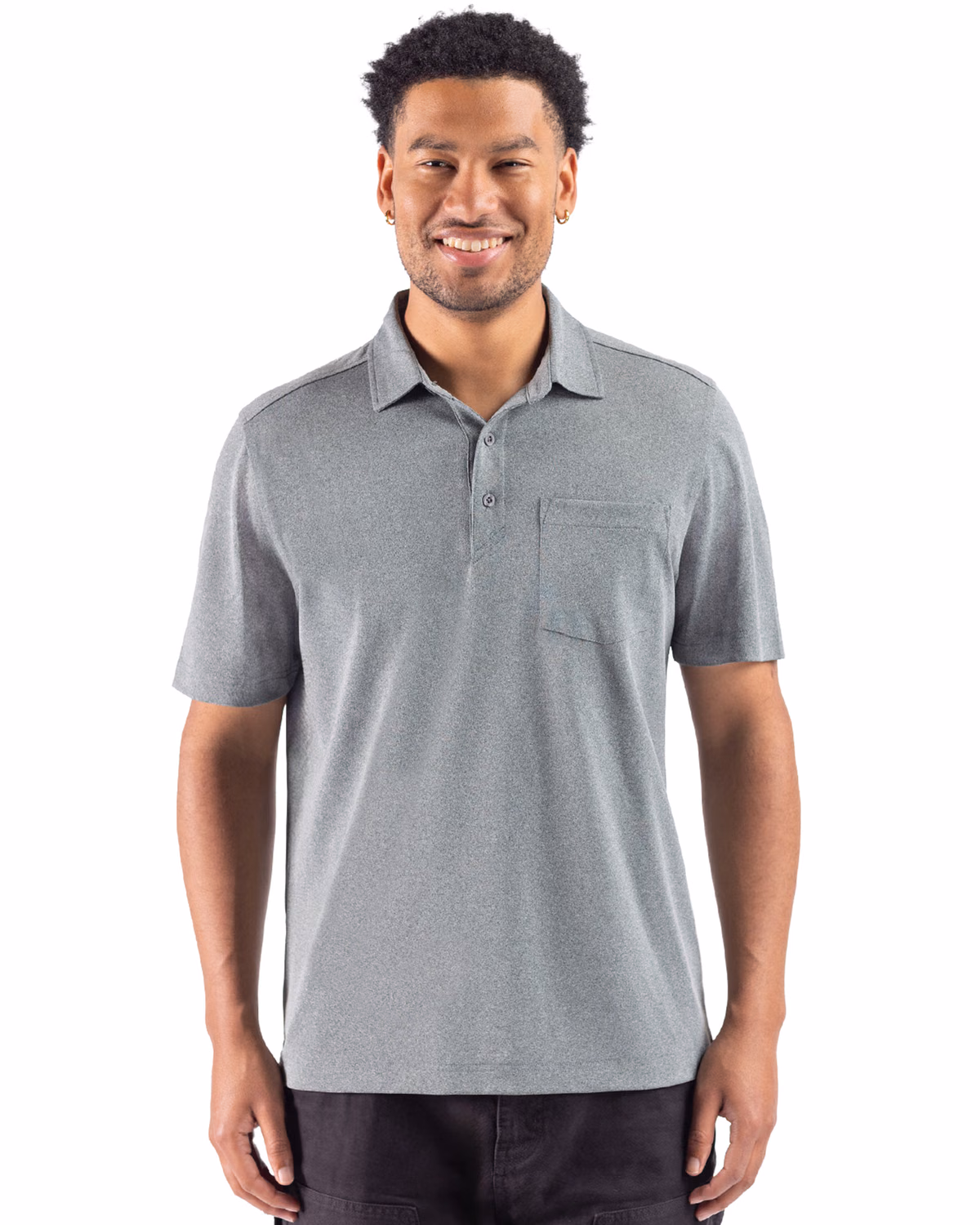 Custom Cutter & Buck Virtue Recycled Heathered Featherlight Pique Mens Pocket Polo — Hunter Heather front