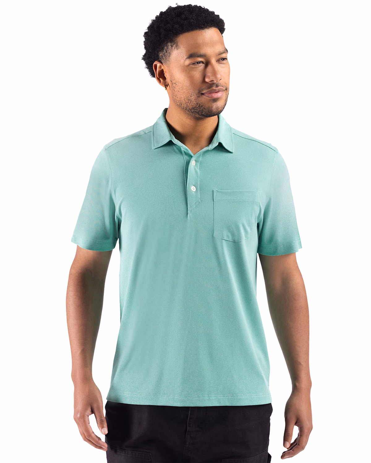 Custom Cutter & Buck Virtue Recycled Heathered Featherlight Pique Mens Pocket Polo — Kelly Green Heather front