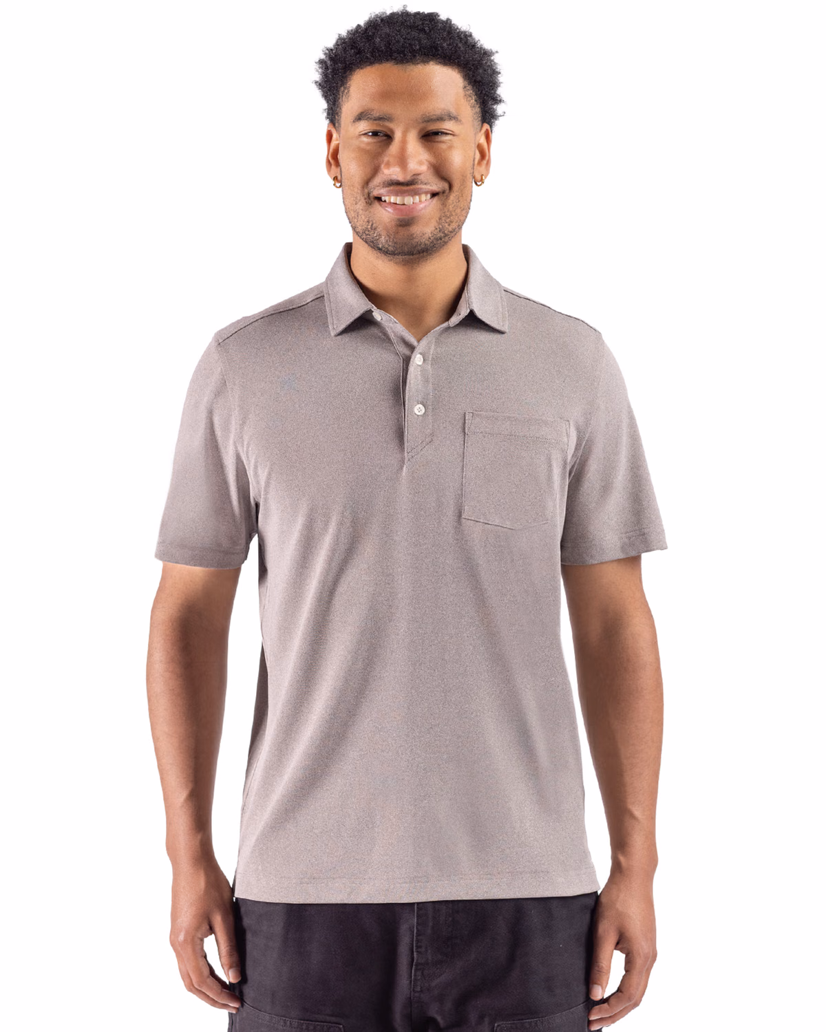 Custom Cutter & Buck Virtue Recycled Heathered Featherlight Pique Mens Pocket Polo — Mushroom Heather front