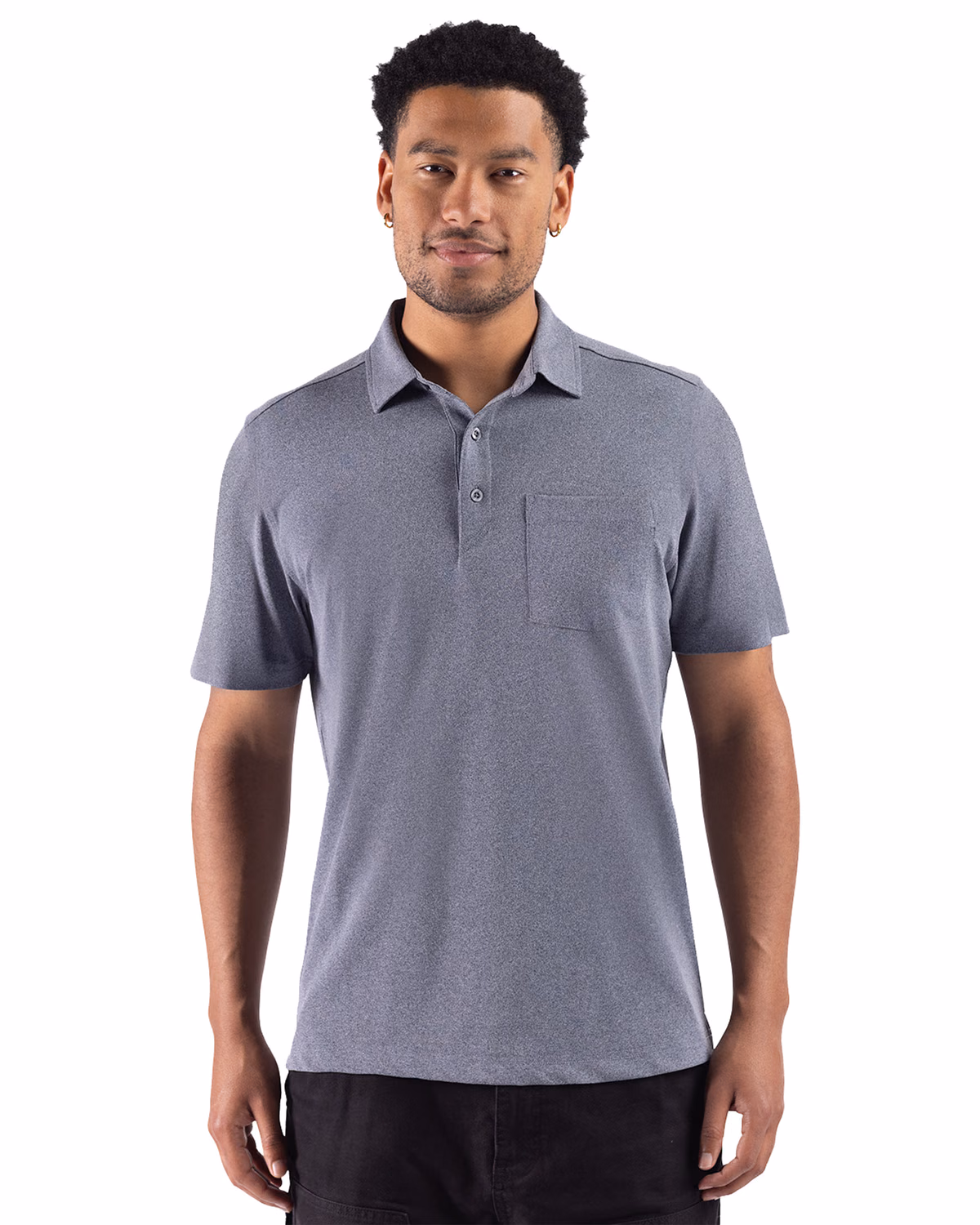 Custom Cutter & Buck Virtue Recycled Heathered Featherlight Pique Mens Pocket Polo — Navy Blue Heather front
