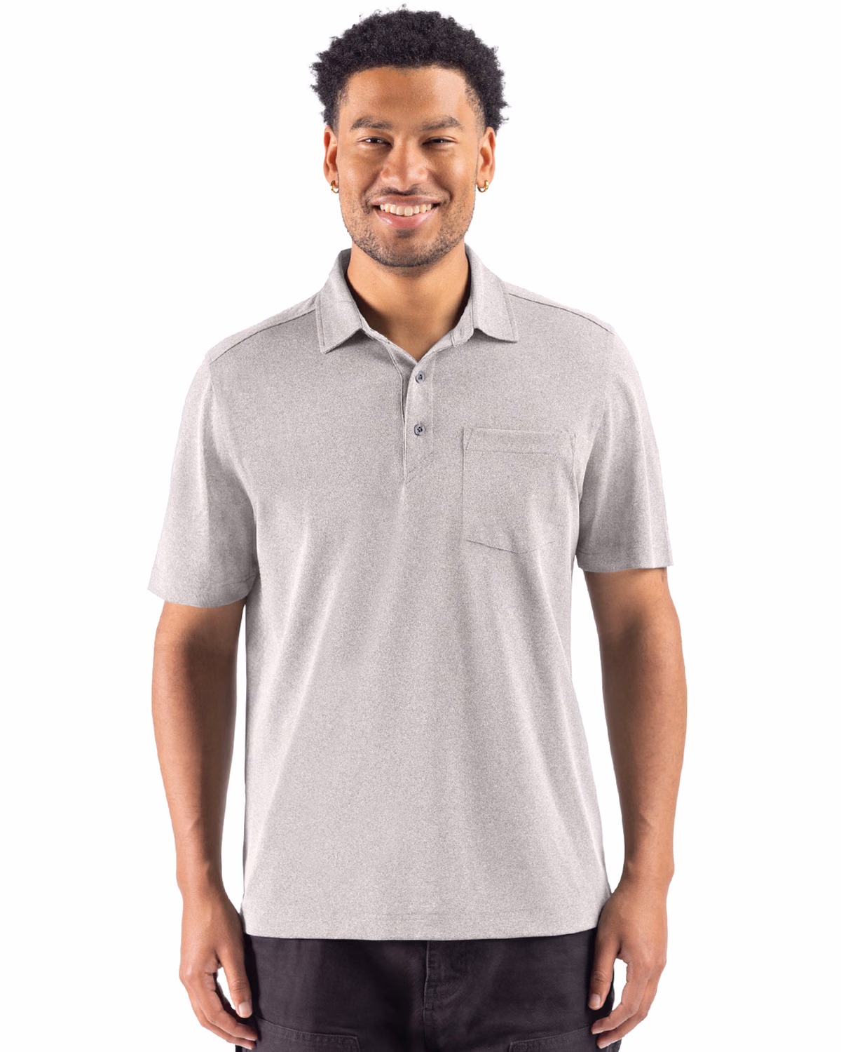Custom Cutter & Buck Virtue Recycled Heathered Featherlight Pique Mens Pocket Polo — Polished Heather front