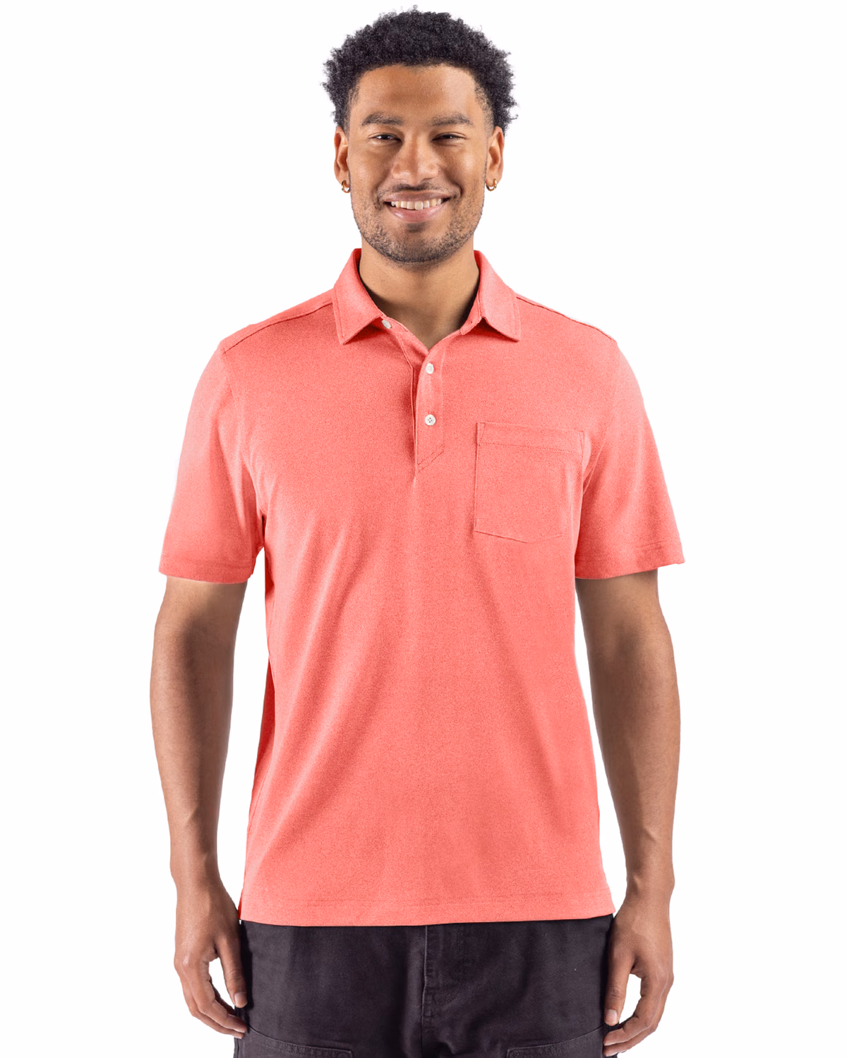 Custom Cutter & Buck Virtue Recycled Heathered Featherlight Pique Mens Pocket Polo — Red Heather front