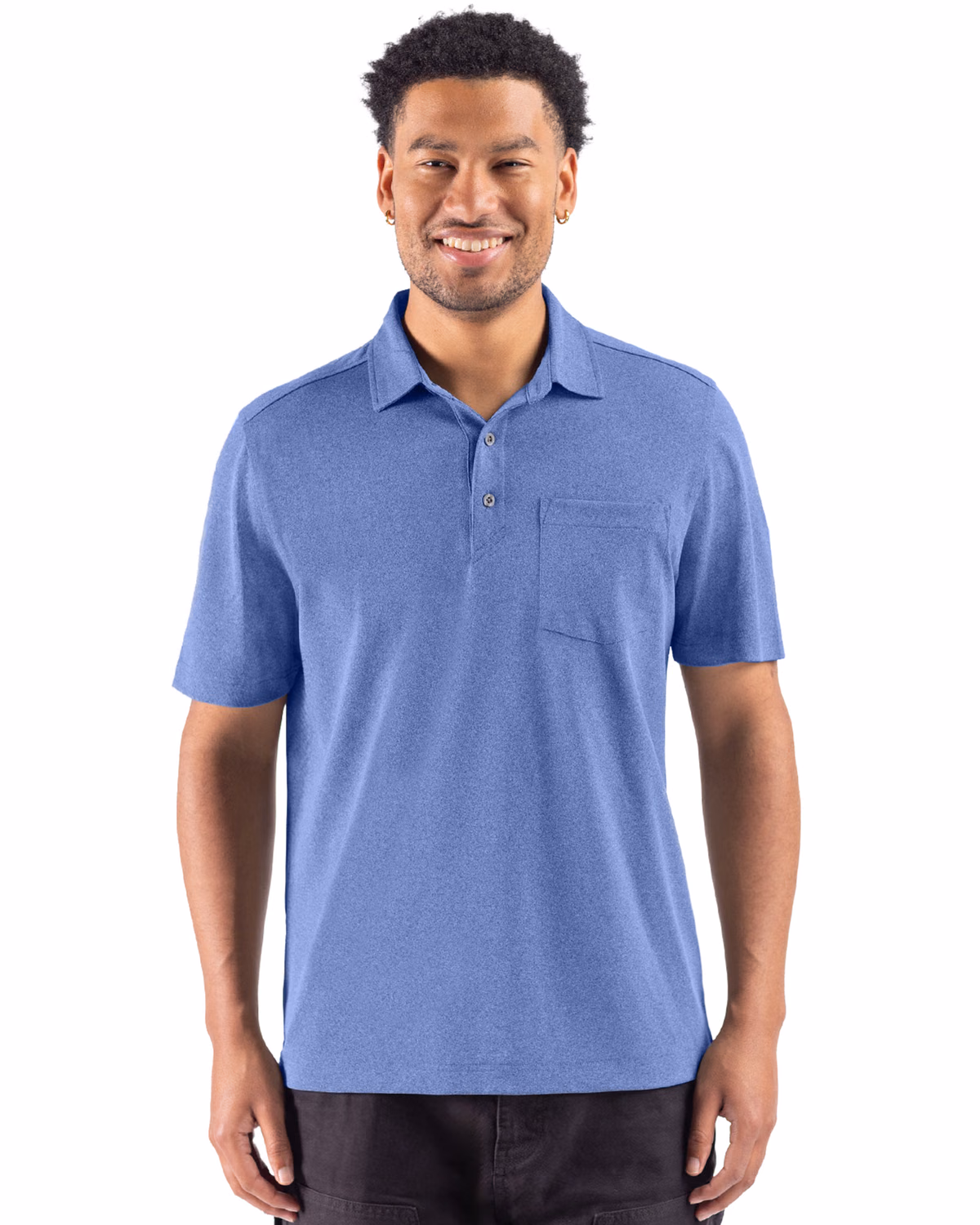 Custom Cutter & Buck Virtue Recycled Heathered Featherlight Pique Mens Pocket Polo — Tour Blue Heather front