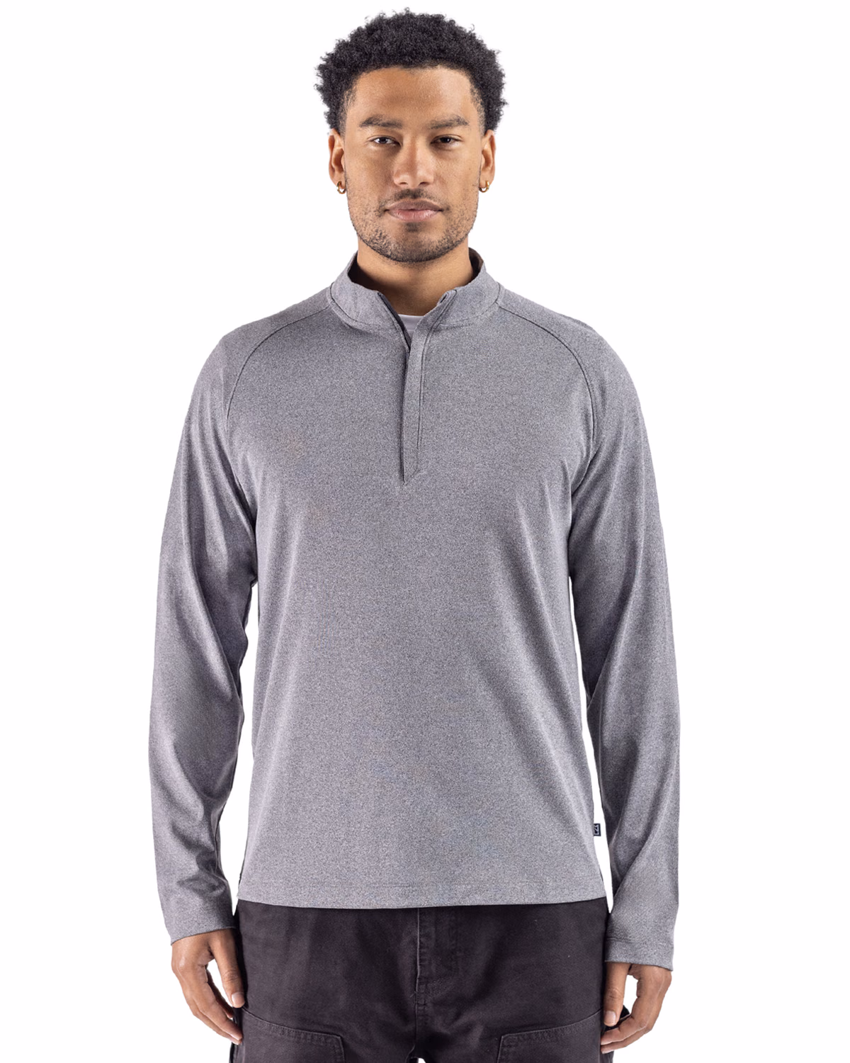 Custom Cutter & Buck Virtue Recycled Heathered Featherlight Pique Mens Quarter-Zip Pullover — Black Heather front