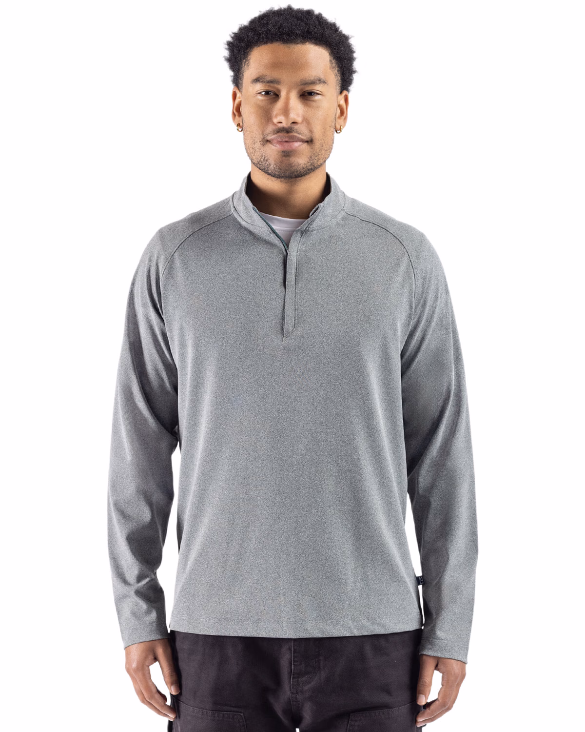 Custom Cutter & Buck Virtue Recycled Heathered Featherlight Pique Mens Quarter-Zip Pullover — Hunter Heather front