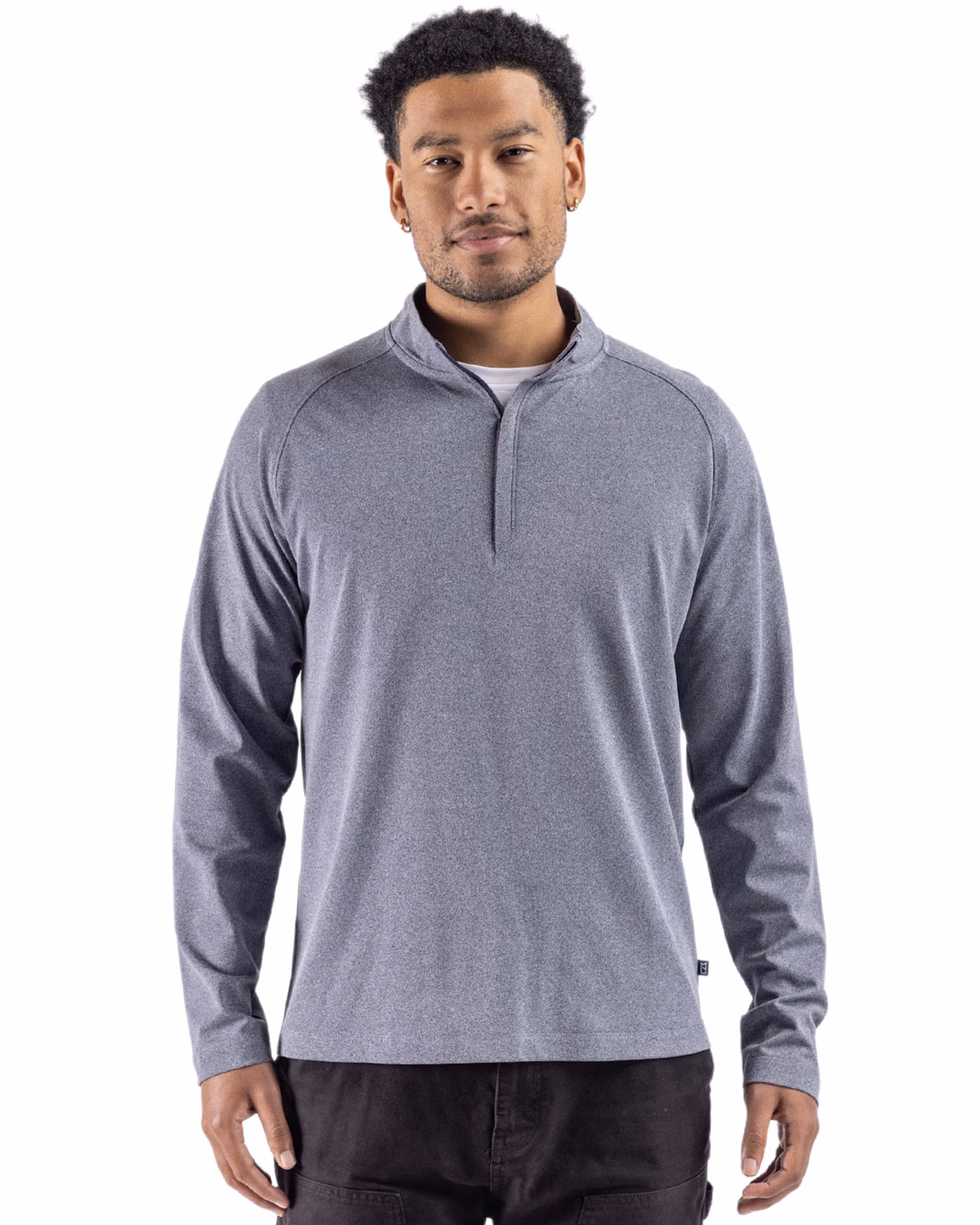 Custom Cutter & Buck Virtue Recycled Heathered Featherlight Pique Mens Quarter-Zip Pullover — Navy Blue Heather front