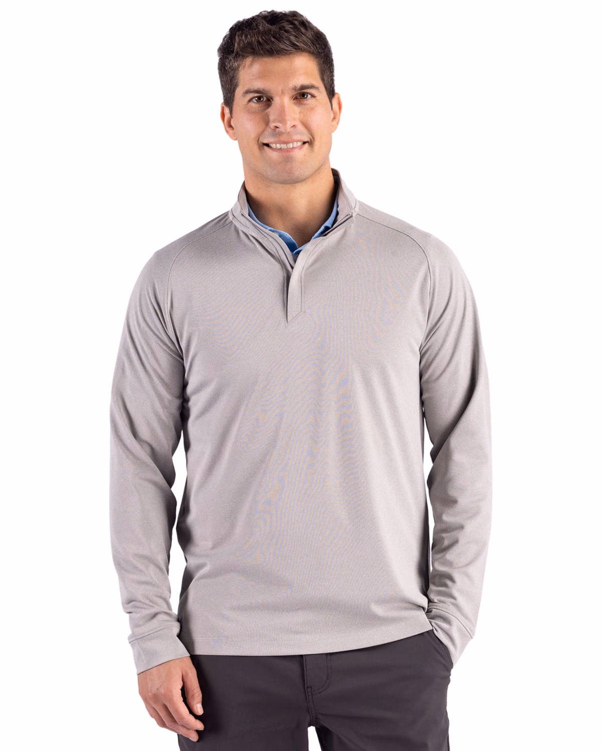 Custom Cutter & Buck Virtue Recycled Heathered Featherlight Pique Mens Quarter-Zip Pullover — Polished Heather front