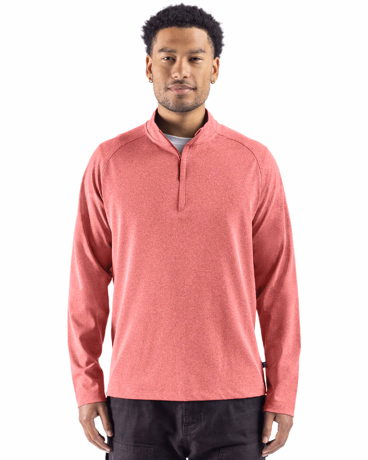 Custom Cutter & Buck Virtue Recycled Heathered Featherlight Pique Mens Quarter-Zip Pullover — Red Heather front