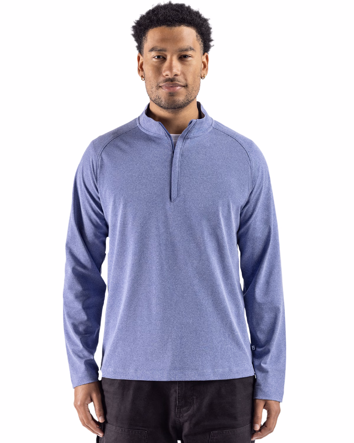 Custom Cutter & Buck Virtue Recycled Heathered Featherlight Pique Mens Quarter-Zip Pullover — Tour Blue Heather front