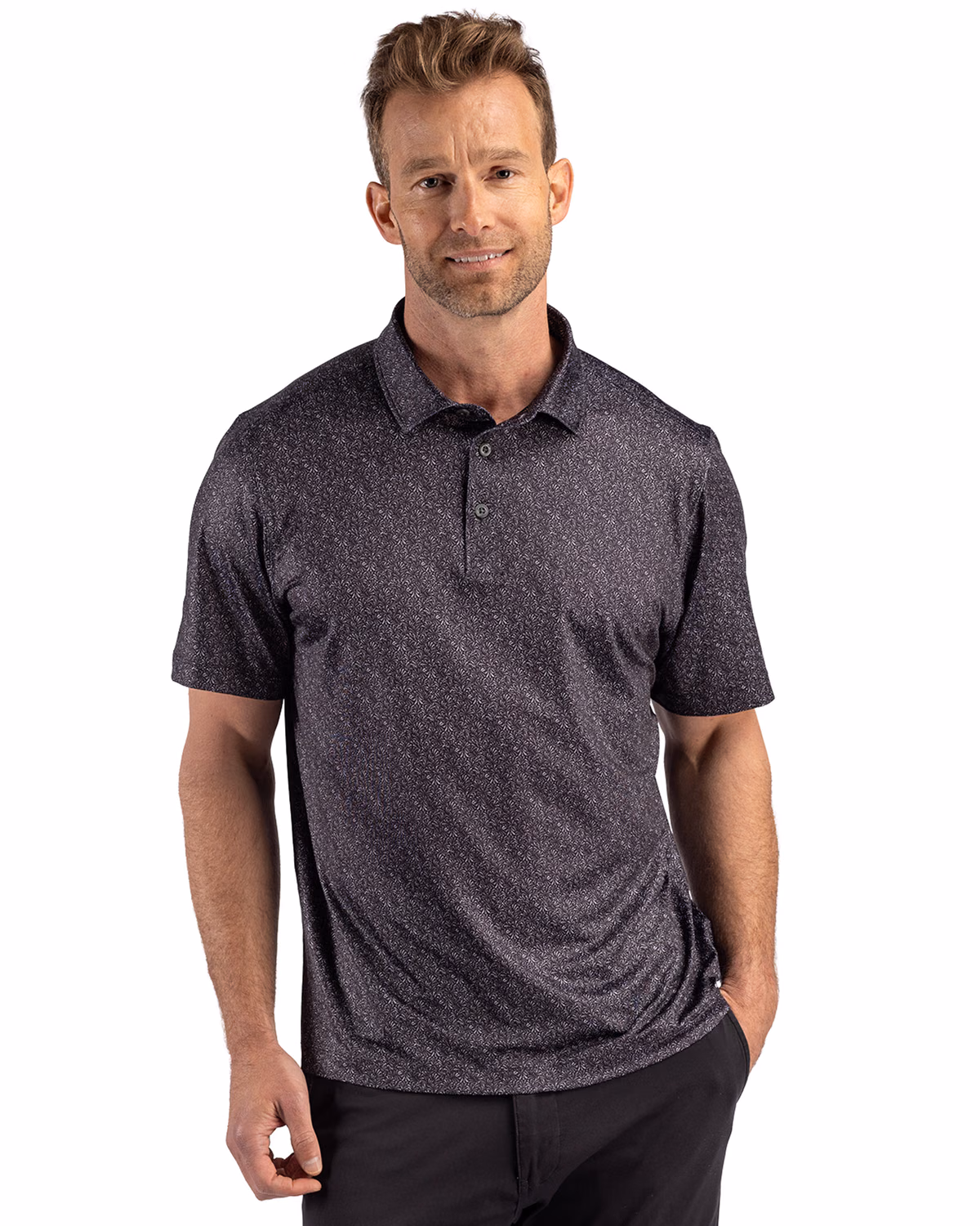 Custom Cutter & Buck Pike Recycled Fern Print Mens Polo — Black front