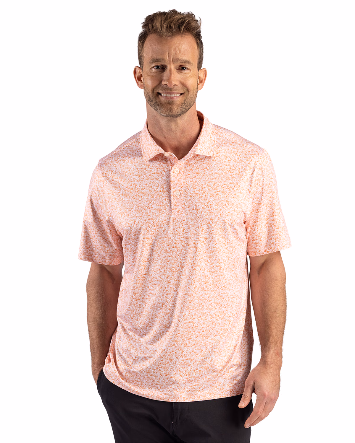 Custom Cutter & Buck Pike Recycled Fern Print Mens Polo — College Orange front