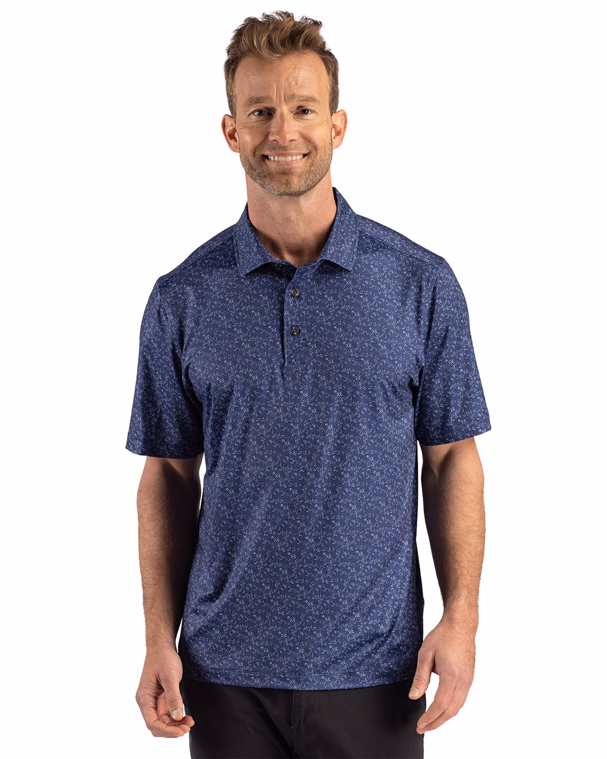 Custom Cutter & Buck Pike Recycled Fern Print Mens Polo — Navy Blue front