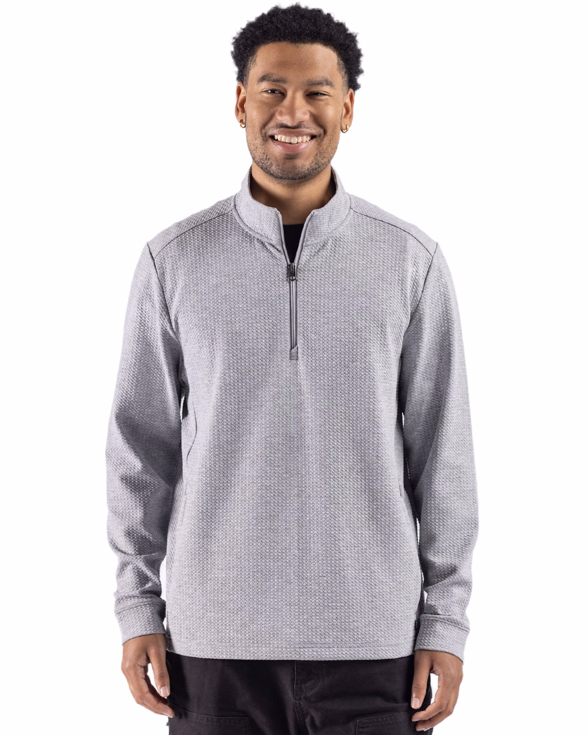 Custom Cutter & Buck Drift Epic Versatility Recycled Textured Knit Mens Quarter Zip — CONCRETE front