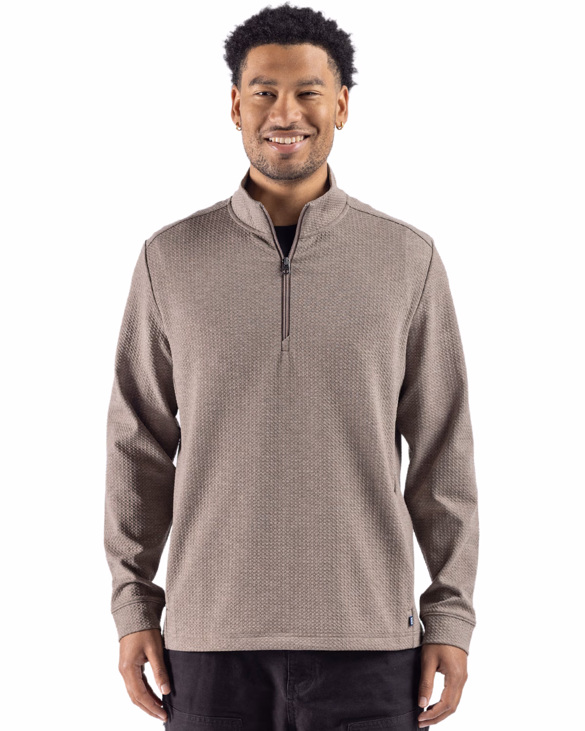 Custom Cutter & Buck Drift Epic Versatility Recycled Textured Knit Mens Quarter Zip — Mushroom front