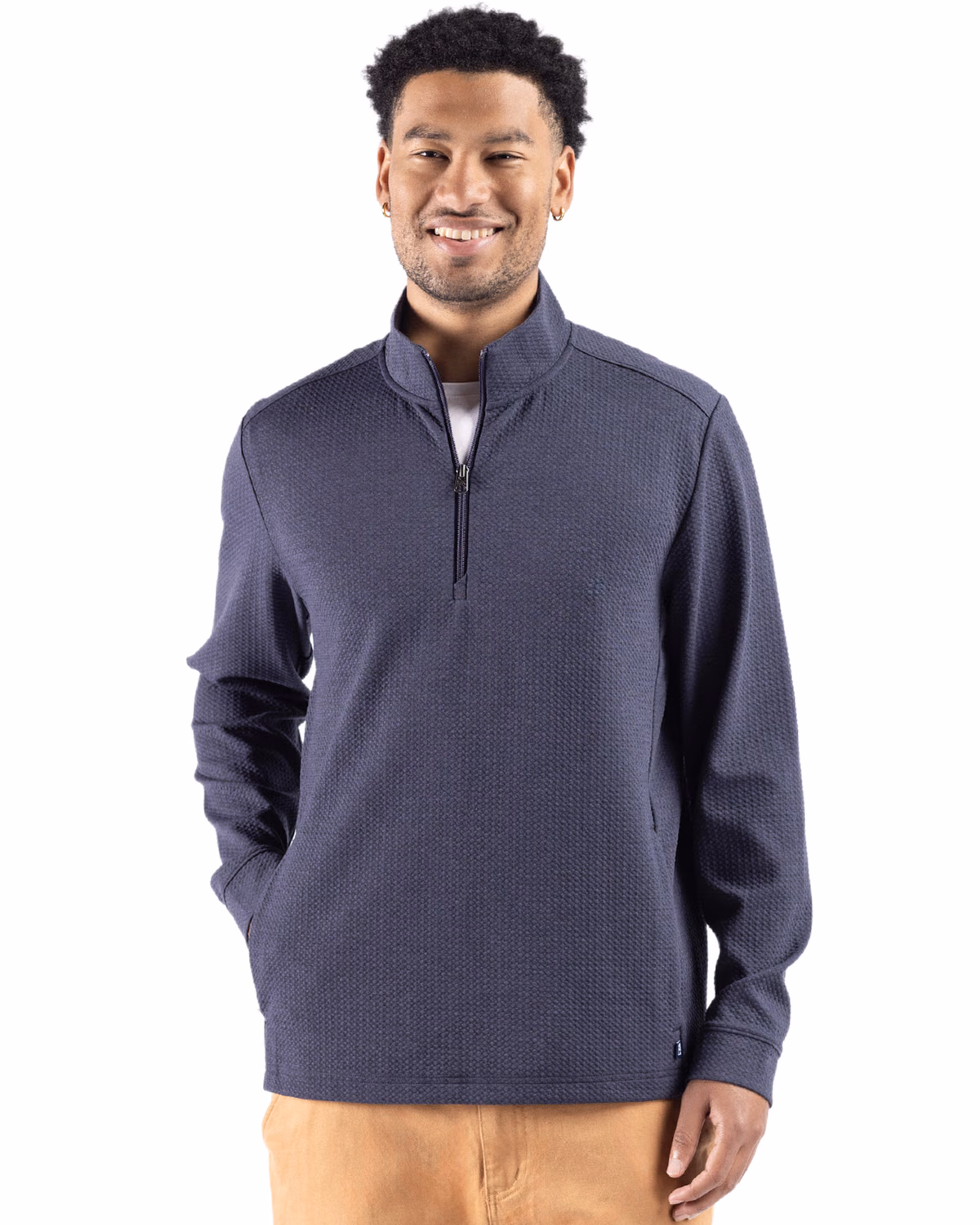Custom Cutter & Buck Drift Epic Versatility Recycled Textured Knit Mens Quarter Zip — Navy Blue front