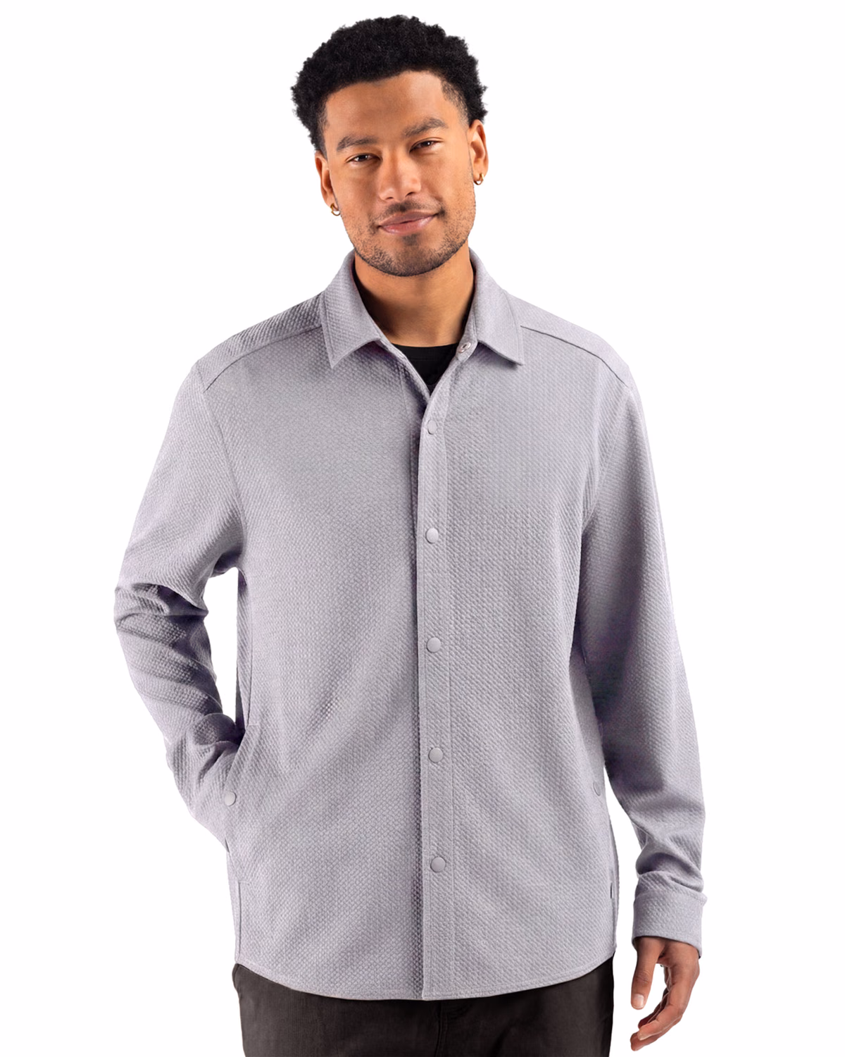 Custom Cutter & Buck Drift Textured Knit Recycled Mens Shirt Jacket — CONCRETE front