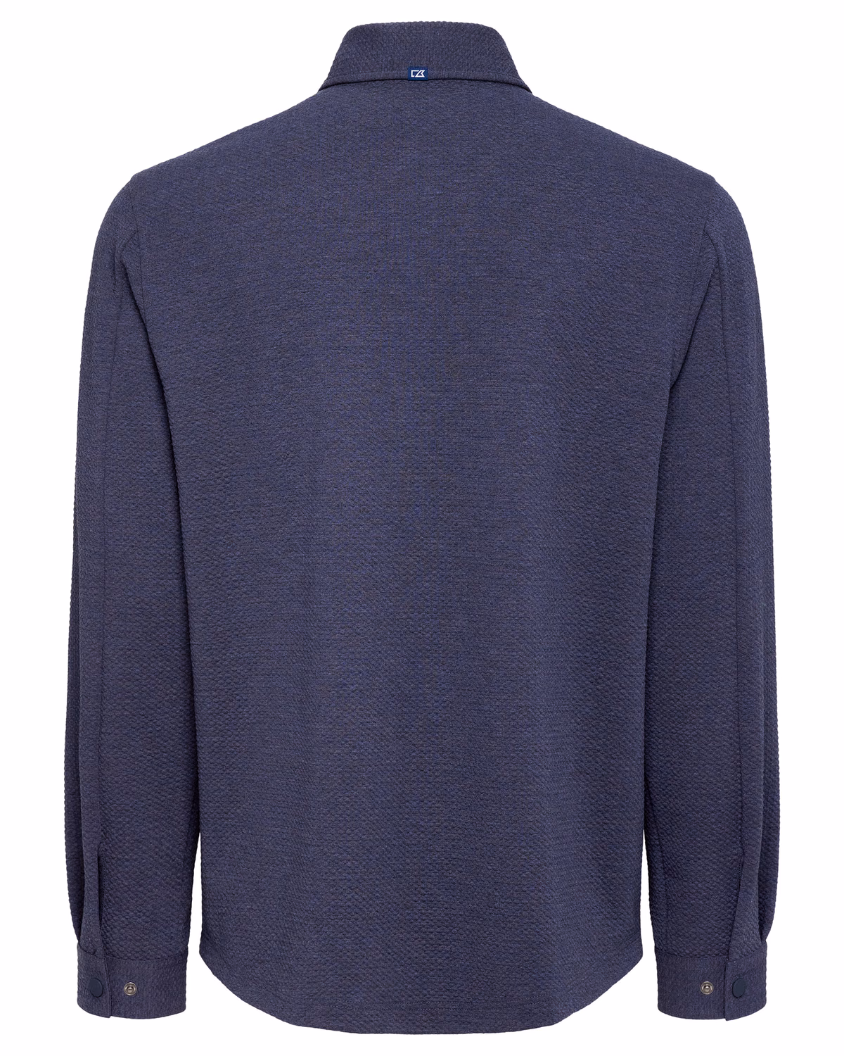 Custom Cutter & Buck Drift Textured Knit Recycled Mens Shirt Jacket — Navy Blue flat front